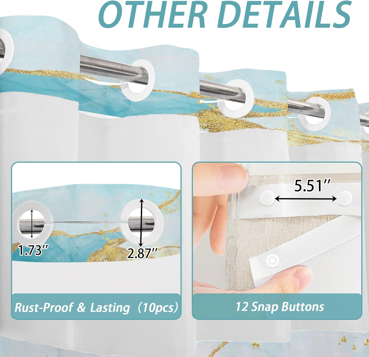 Marble Blue and Gold Hookless Shower Curtain with Snap in Liner, Abstract Modern No Hook Double Layer Shower Curtain and Liner Set, Waterproof Cloth Fabric, 71" W x 86" L (Pack of 1)