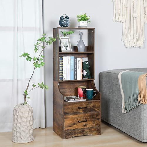 Miniatura 4 de Mesita de noche de 6 niveles con valla lateral trasera mesas auxiliares industriales con 2 cajones de almacenamiento mesitas de noche altas armario