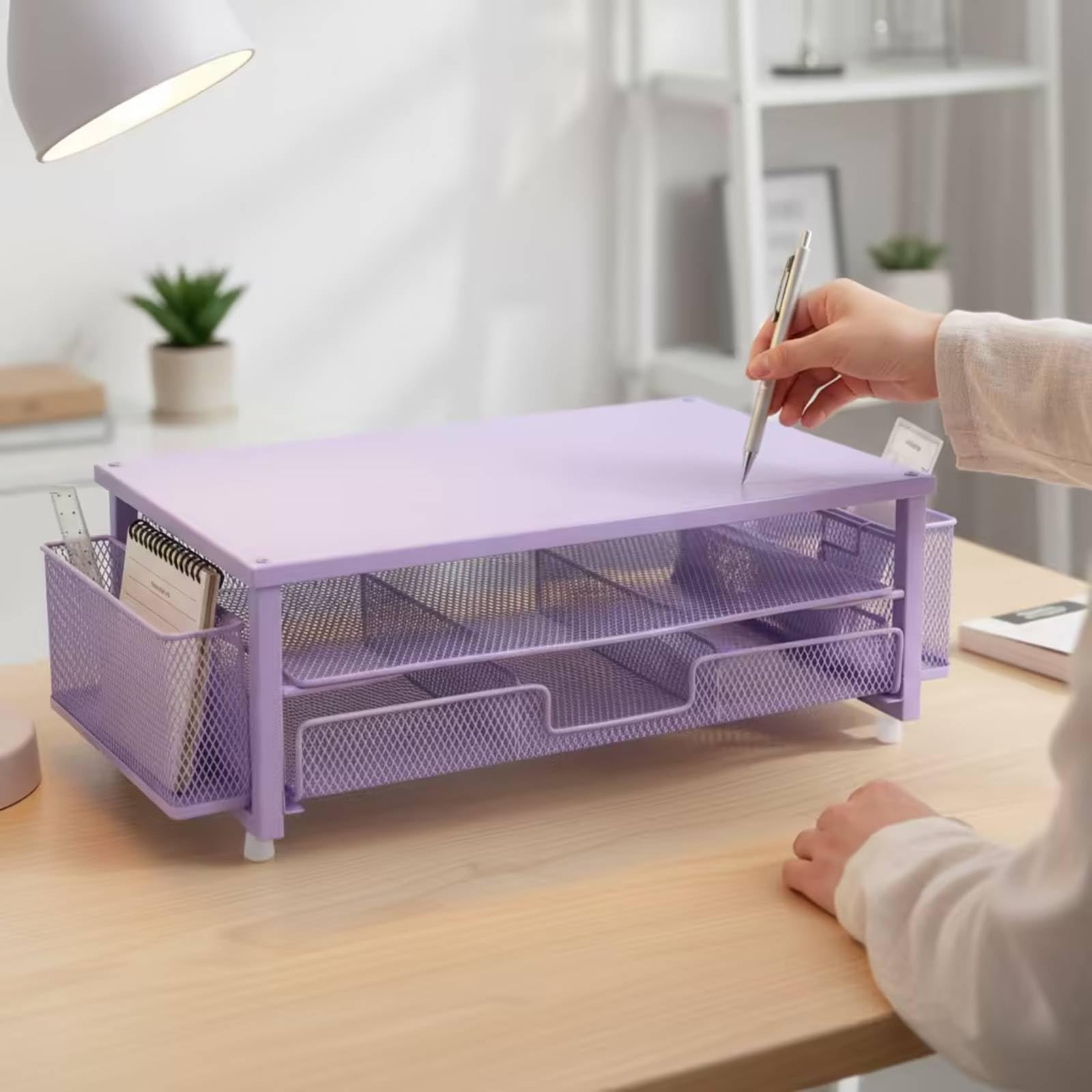 Desk Organizer Contenitore Cancelleria Supporto Scrivania Metallo Maglia Scomparto Porta Penne Porta Documenti Adatto per Studio , Viola