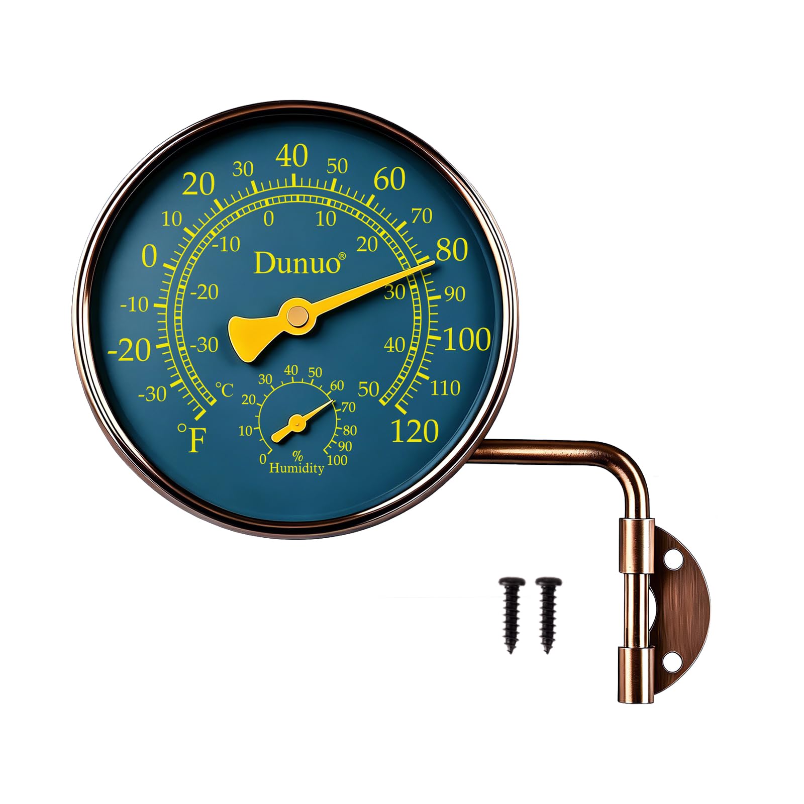 Termometro girevole da 10,2 cm in ottone per esterni e misuratore di umidità, resistente alle intemperie, senza batteria, montaggio a parete regolabile con quadrante blu navy per patio, serra