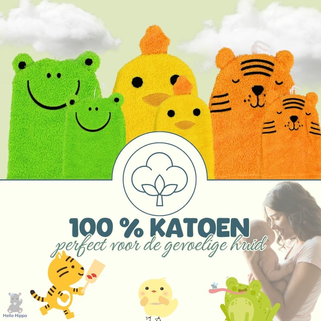 Hello Hippo 6-częściowy zestaw myjek dla niemowląt – 3 dla rodziców i 3 dla dzieci – rękawice kąpielowe z bawełny – motywy zwierzęce: żaba, pisklęta, tygrys – zmywalna myjka dla dzieci