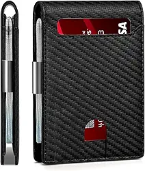 Carteira masculina ultrafina com bolso frontal RFID – dobrável de couro durável, comporta mais de 6 cartões e dinheiro, Preto carbono fosco, Carteira masculina ultrafina com bolso frontal RFID