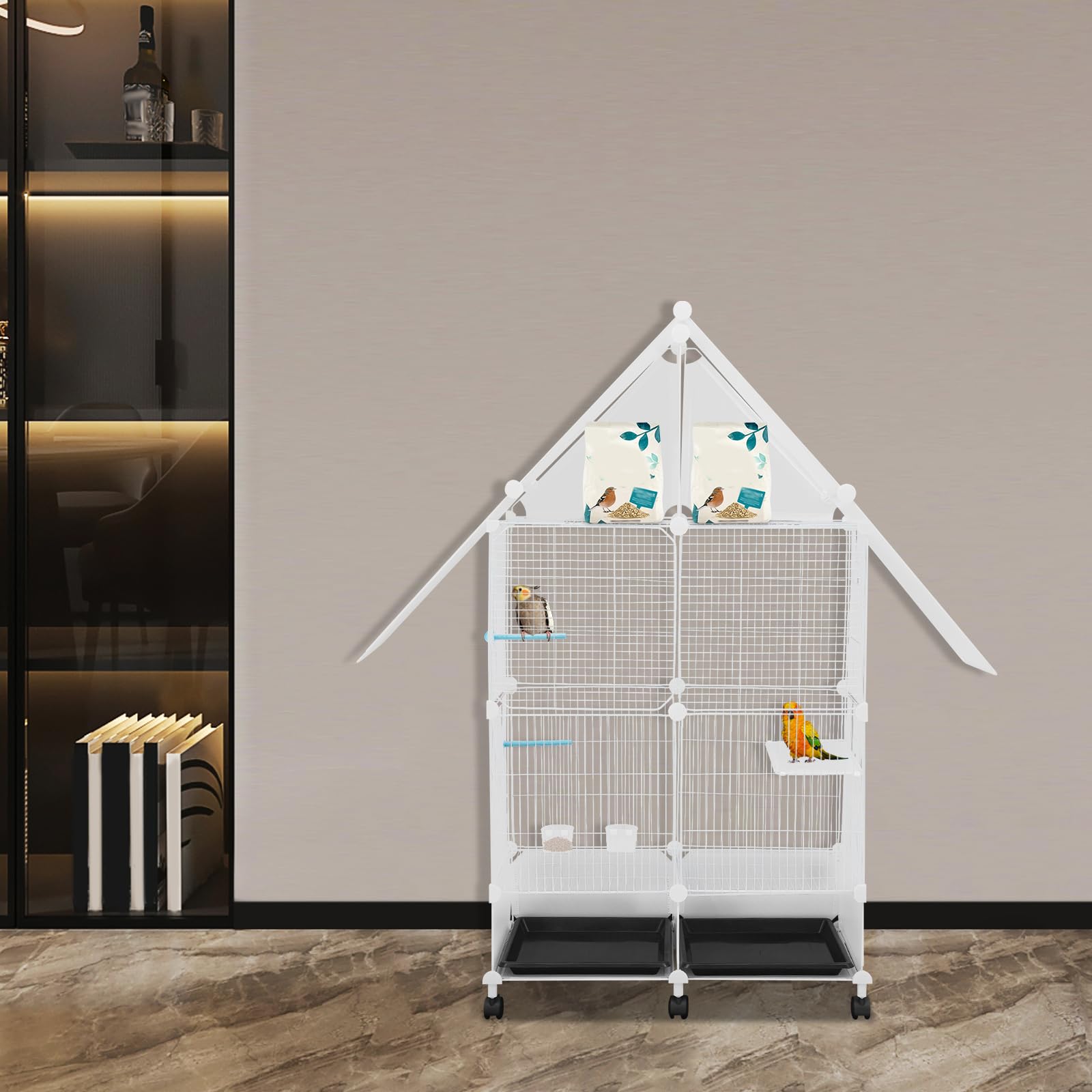 Jaula grande para pájaros con ruedas, jaula para periquitos, juguete con comedero y agua, pequeña puerta antiescape, para cría de aves domésticas en interiores y exteriores (blanco, 2º piso)