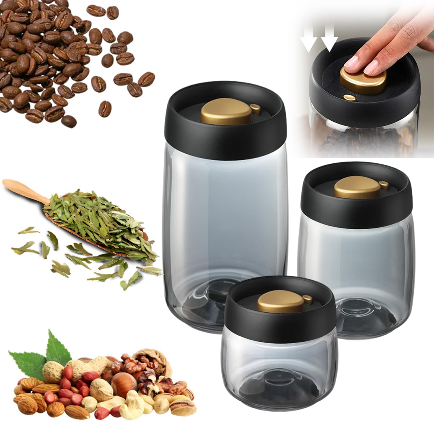 Vacuum Coffee Canister Glass Airtight Lightproof Oxidation Prevention Vacuum Canister Coffee Beans Vacuum Storage Container No Pump Required One-Touch Operation High Vacuum Degree Coffee Canister