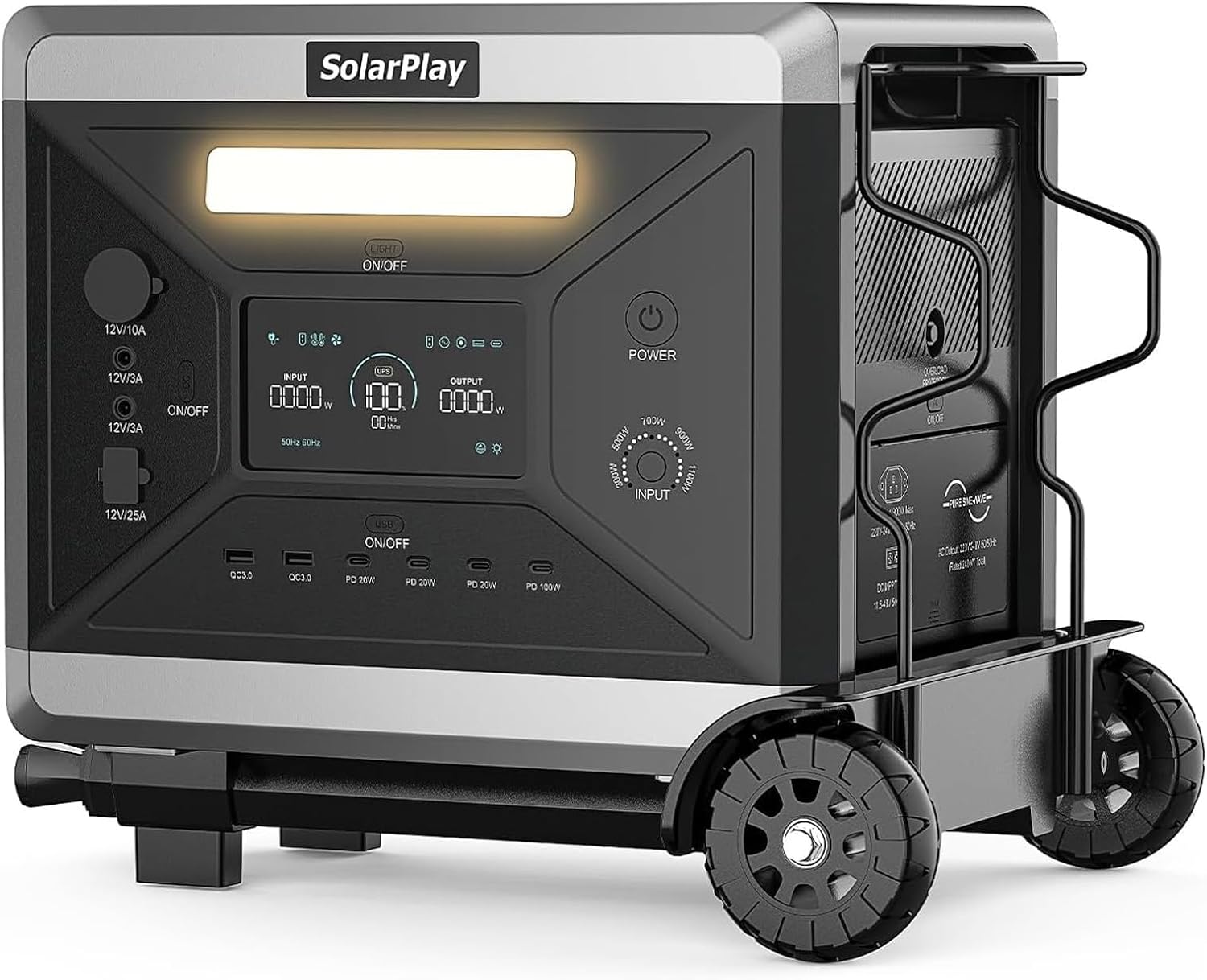 Вид спереди и сбоку view of the SolarPlay Q2501 Portable Power Station with its foldable cart attached, showing the main display and various ports.