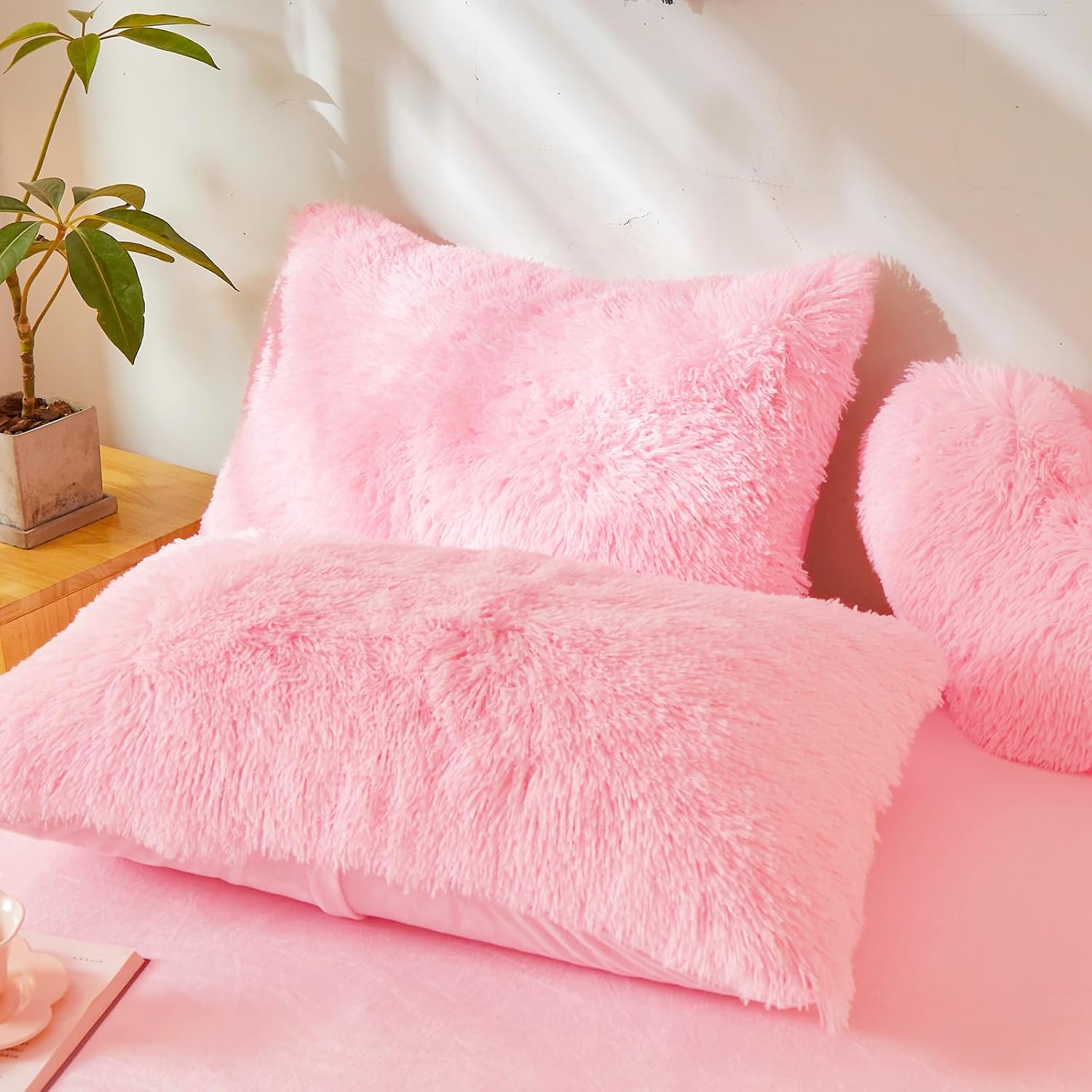 Pink Fluffy Pillow Covers, Fuzzy Plush Furry Shaggy Faux Fur Pillow Cases for Bedroom décor, Soft Pink Pillow Covers 26"x20" with Zipper Closure, Decorative Set of 2