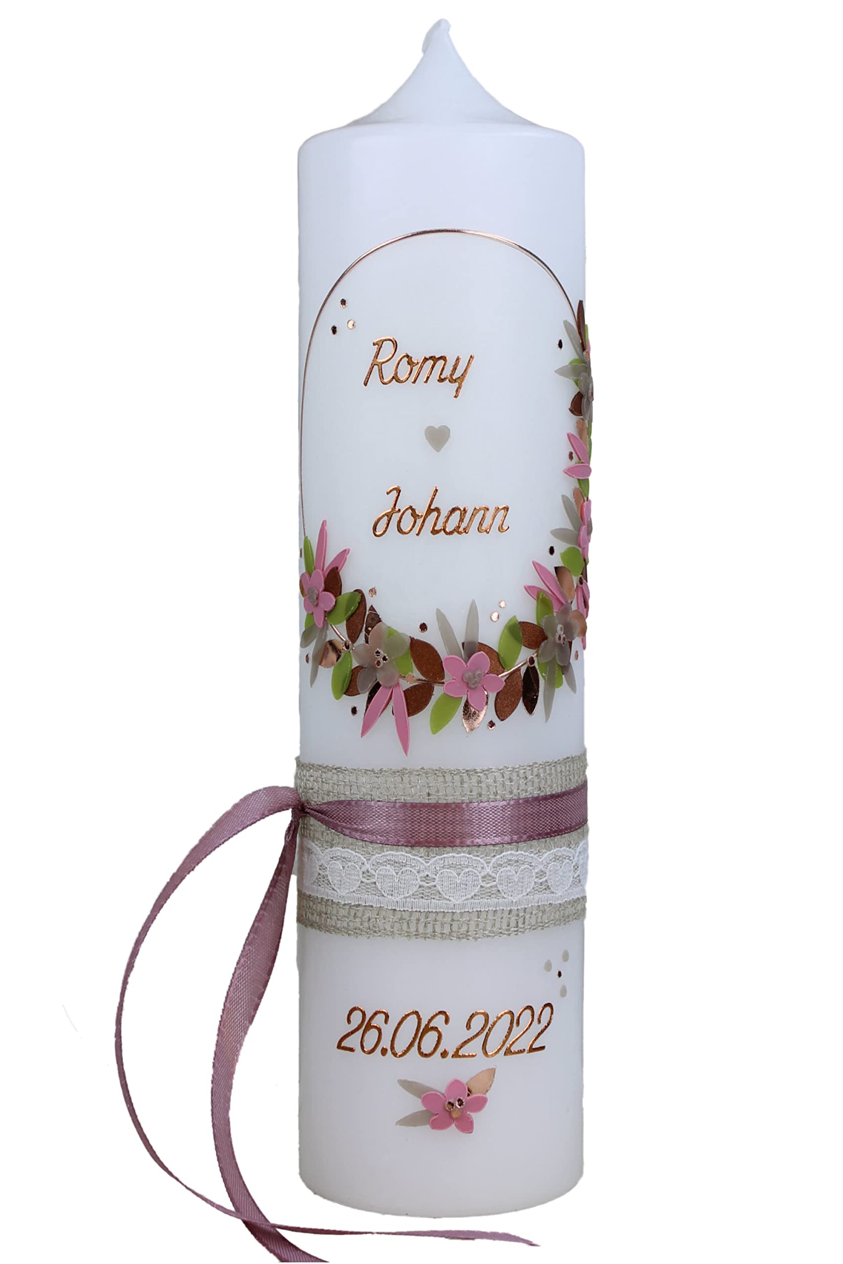 Hochzeitskerze Romy und Johann mit Namen und Datum, individuell, handverziert 1545
