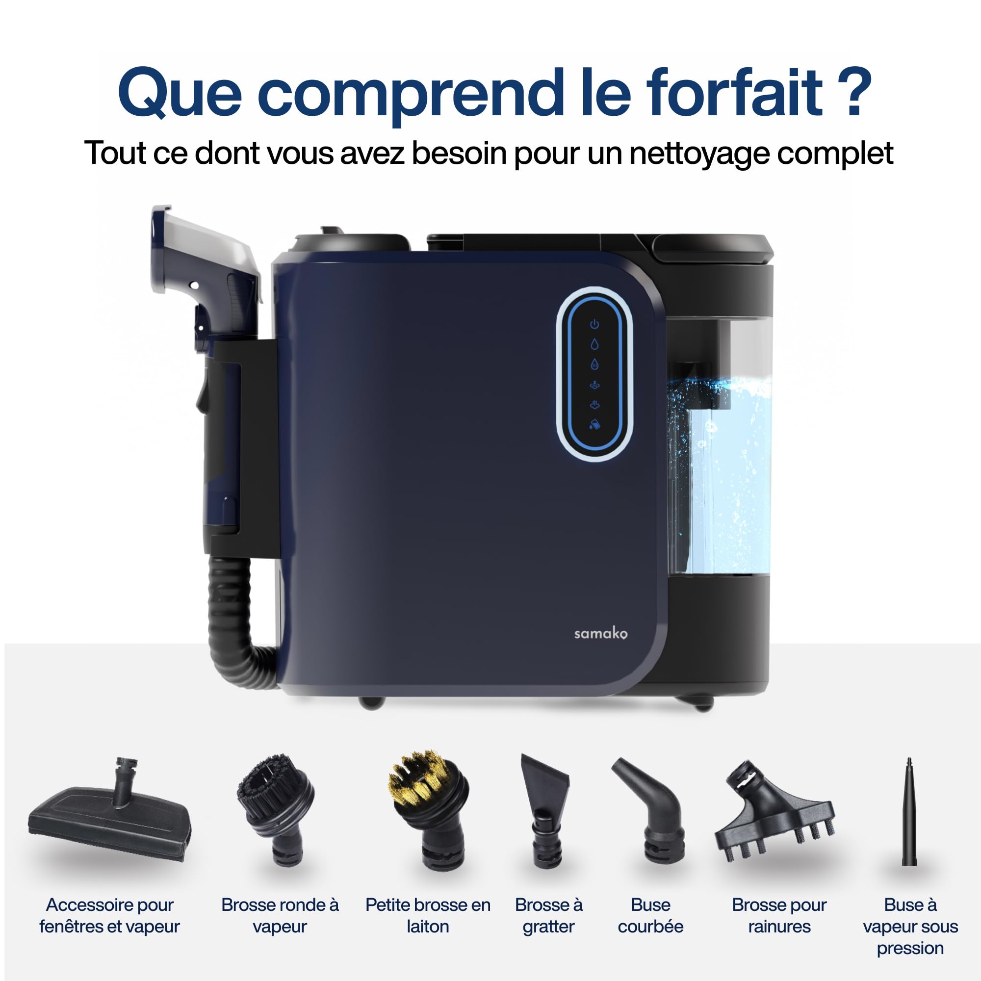 Samako PowerClean Pro Nettoyeur à vapeur pour tapis et tapis, filtre HEPA, grands réservoirs d'eau, 8 embouts, nettoyant pour coussins et canapés, bleu