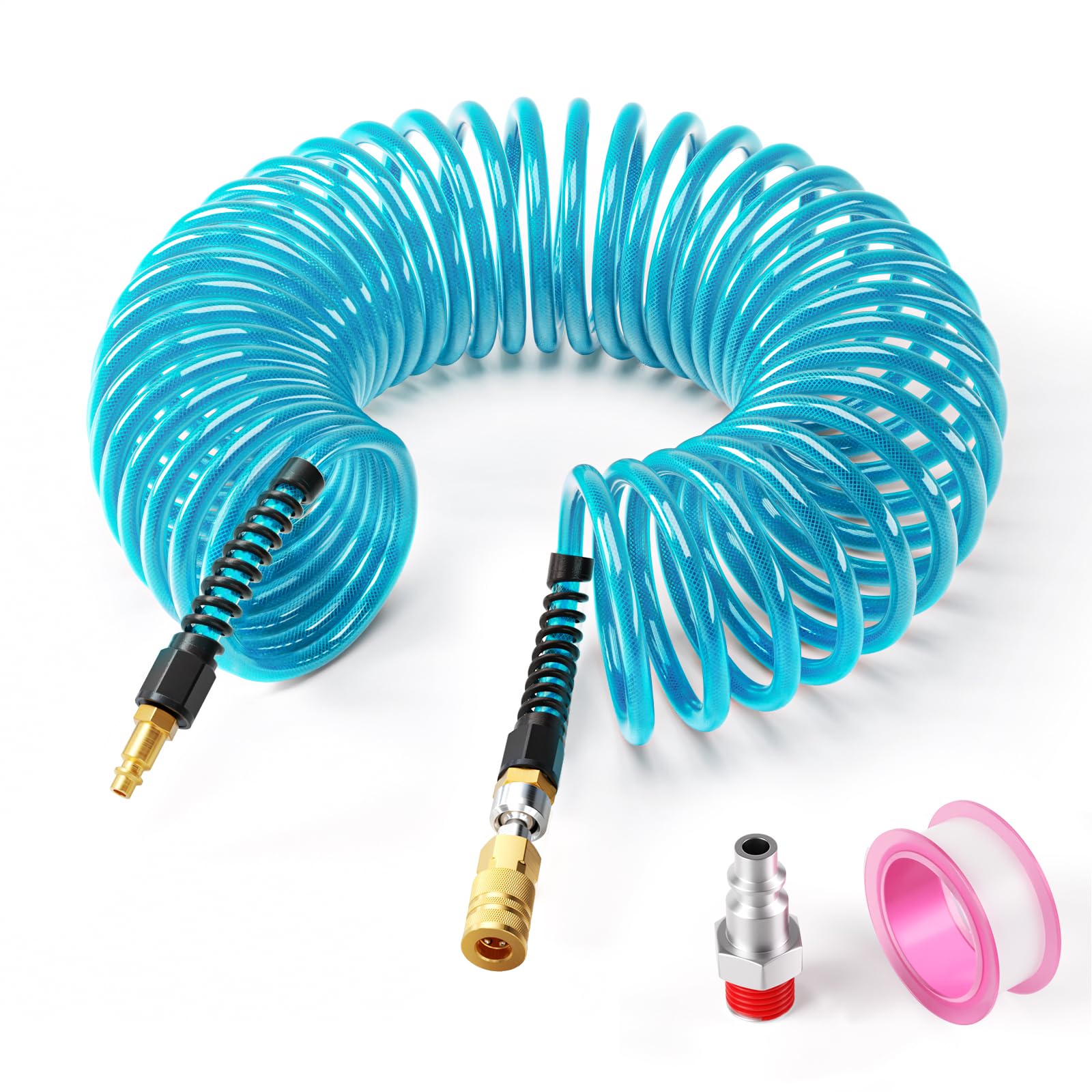 GASHER 1/4" x 25FT Reinforced Polyurethane Recoil Air Hose with Bend Restrictor, Air Hose kit With 360°Swivel 1/4" NPT Coupler, Industrial Quick Coupler and Plug