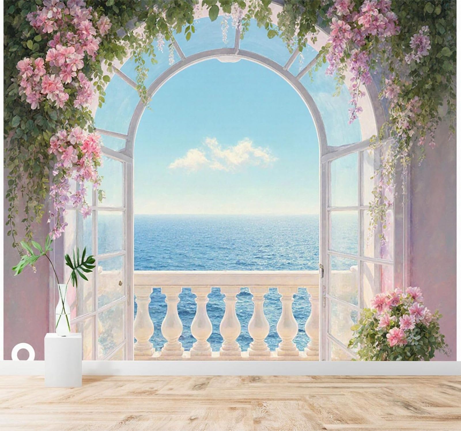 Xlming 200Cm×140Cm(B×H) Balcony Window Pink Flowers Blue Sky Seascape 3D Wallpaper Silky Texture Home Study Office Grey Dining Room Sofa Bedroom Living Room Tv Backdrop-200Cm×140Cm