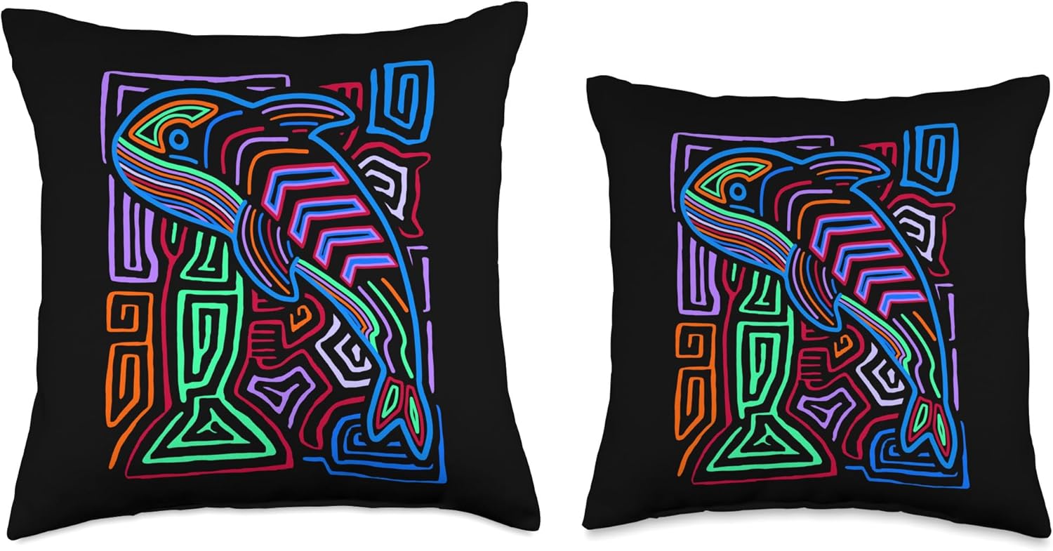 Orca Killer Whale Mola Art by Panama Kuna Tribe Throw Pillow