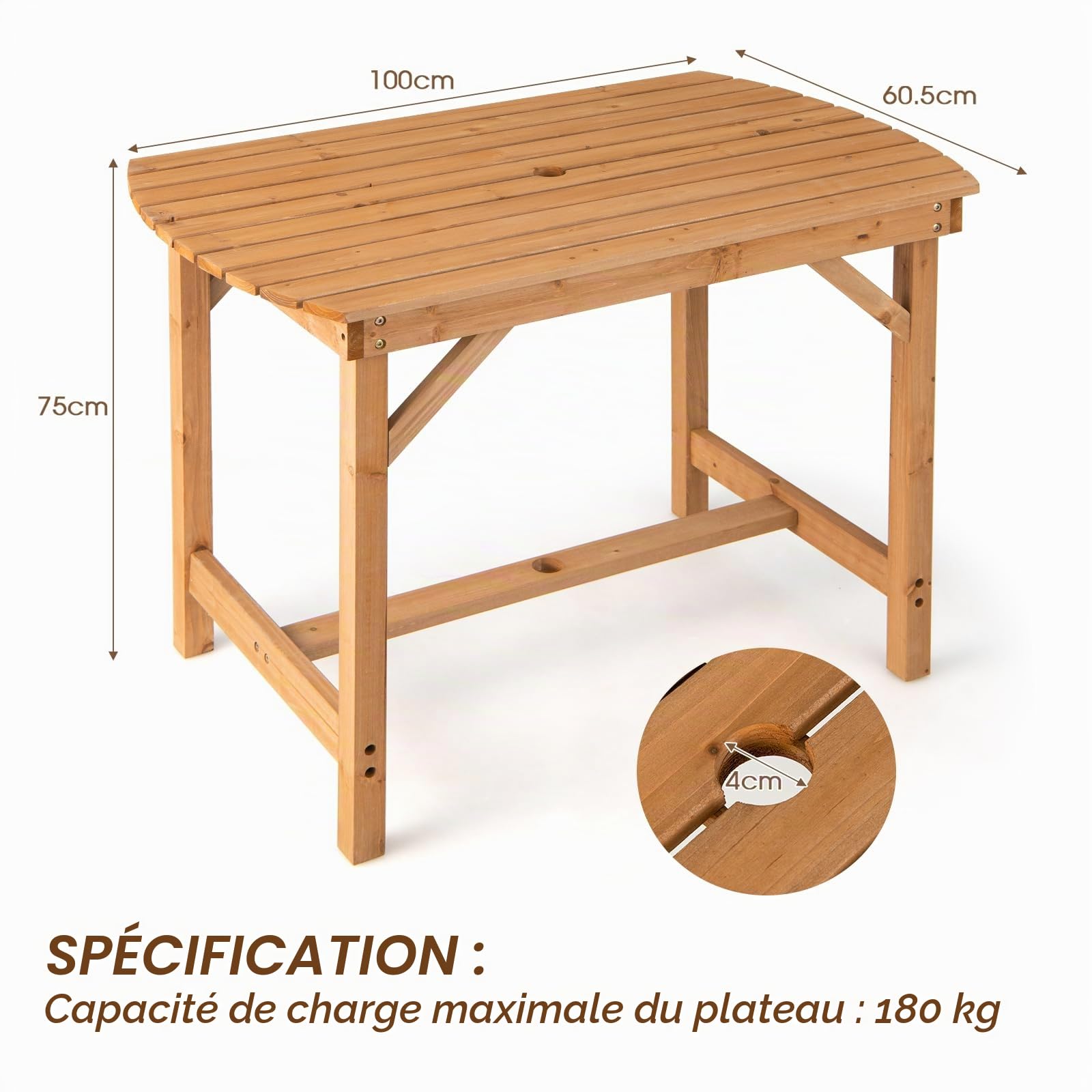 KOMFOTTEU Table de Jardin pour 4-6 Personnes, Table d’Extérieur en Bois de Sapin avec Trou de Parasol, pour Patio, Balcon,Terrasse, Charge de 180 kg, 100 x 60,5 x 75 cm, Naturel