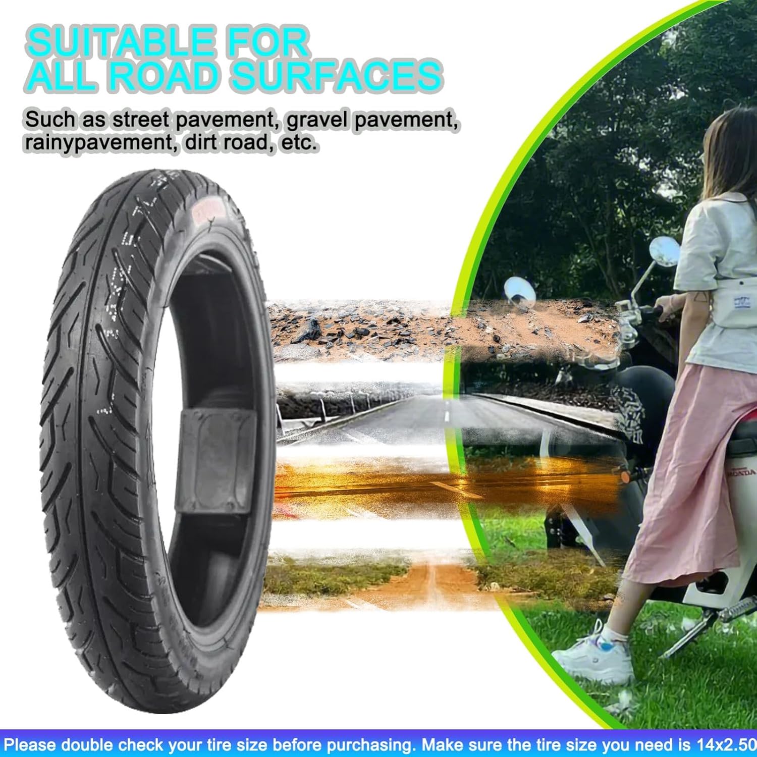 14x2.50 Ebike Tire | Anti-puncture & Wear-resistant with Skid Tread, 33J.4PR.36PSI