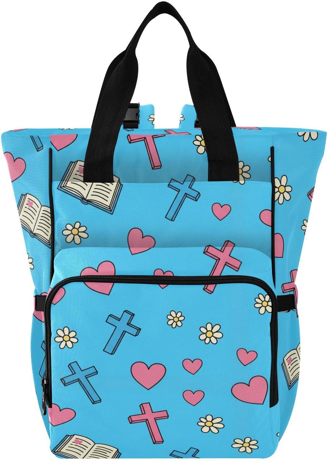 Heart Flowers Blue Print Diaper Bag Backpack for Baby Boys Girls Multifunction Baby Essentials Travel Tote with Stroller Straps & Bottle Storage Large Travel Diaper Backpack for Baby Shower Gifts