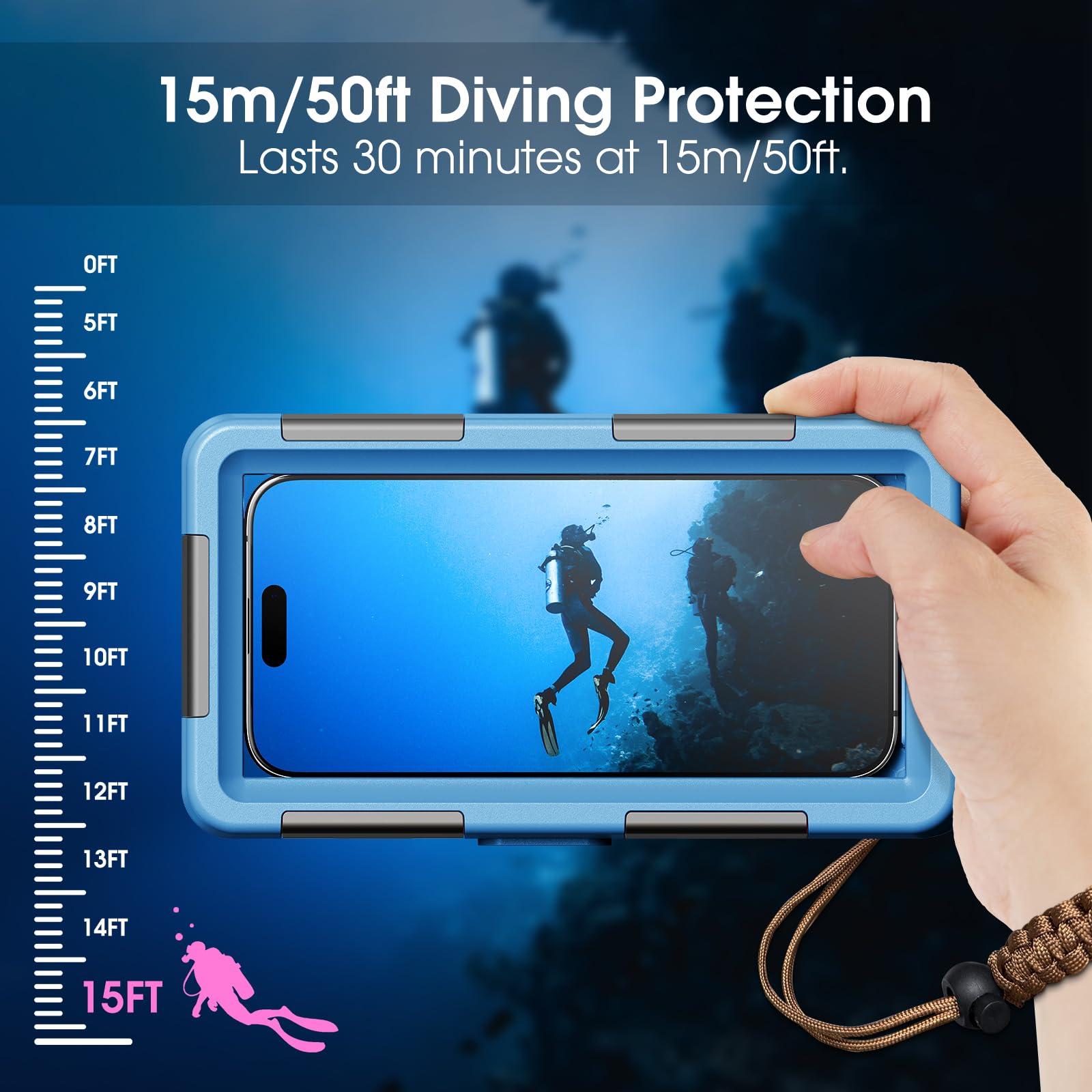 2026 - Funda para iPhone 16/15/14/13/12 Pro Max/XR/XS/X Galaxy S24/S23/S22.[15 pies] Funda impermeable profesional de buceo bajo el agua, video fotográfico, color azul