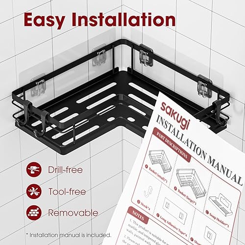 Miniatura 5 de Sakugi Organizador de ducha  Juego de 3 piezas, estantes de ducha esquineros con ganchos y soporte para jabón, organizador de ducha de acero