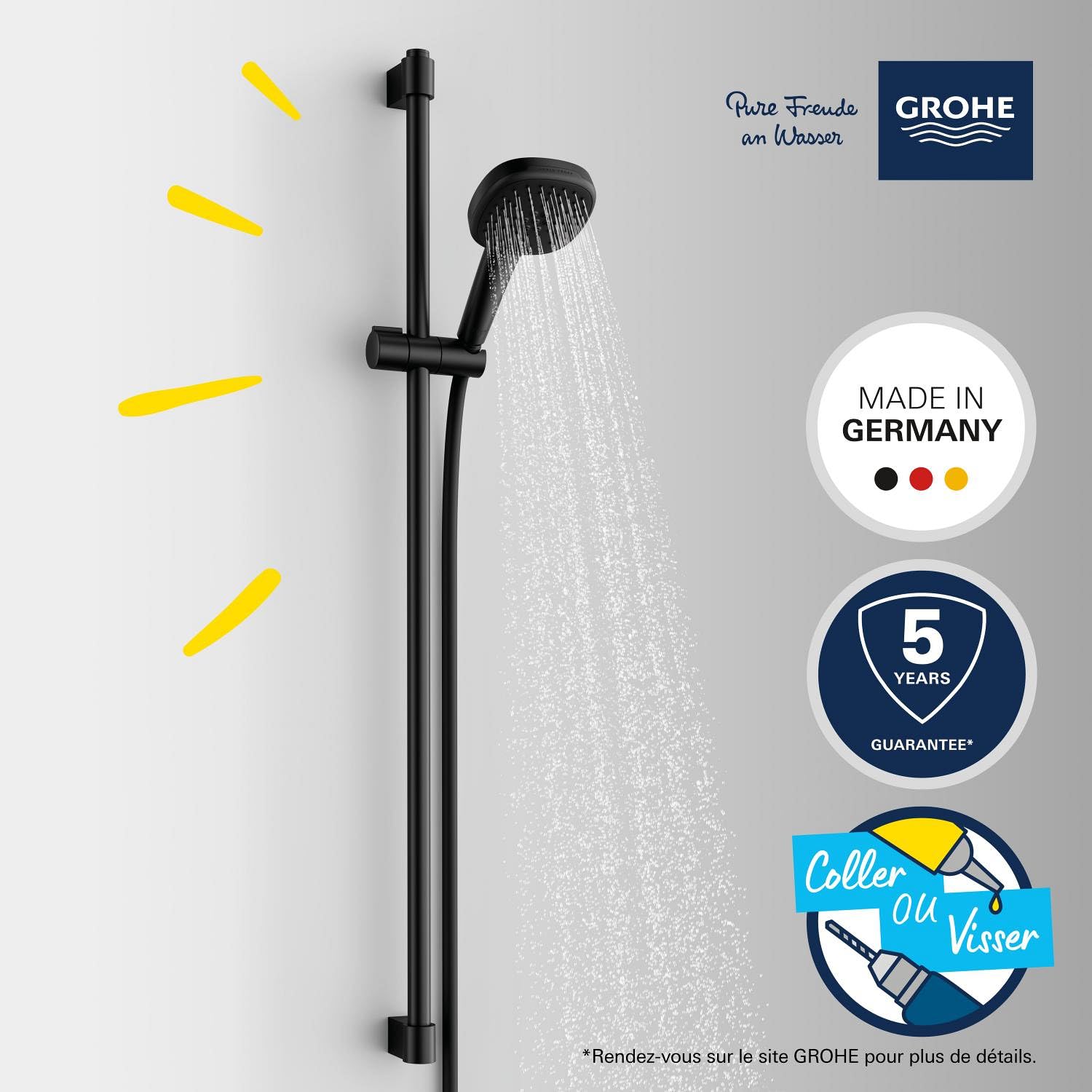 GROHE Vitalio Comfort 110, Ensemble de Douche avec Douchette Carrée 2 jets, Barre 90cm, Flexible 1,75m, Economie d'Eau, A coller avec GROHE QuickGlue ou à visser, Noir Mat, 269302431