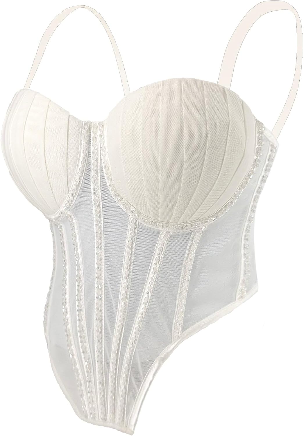 ELLACCI Women Beaded Trim Mesh Corset Bodysuit Pleated Padded Cups Bustier Top White