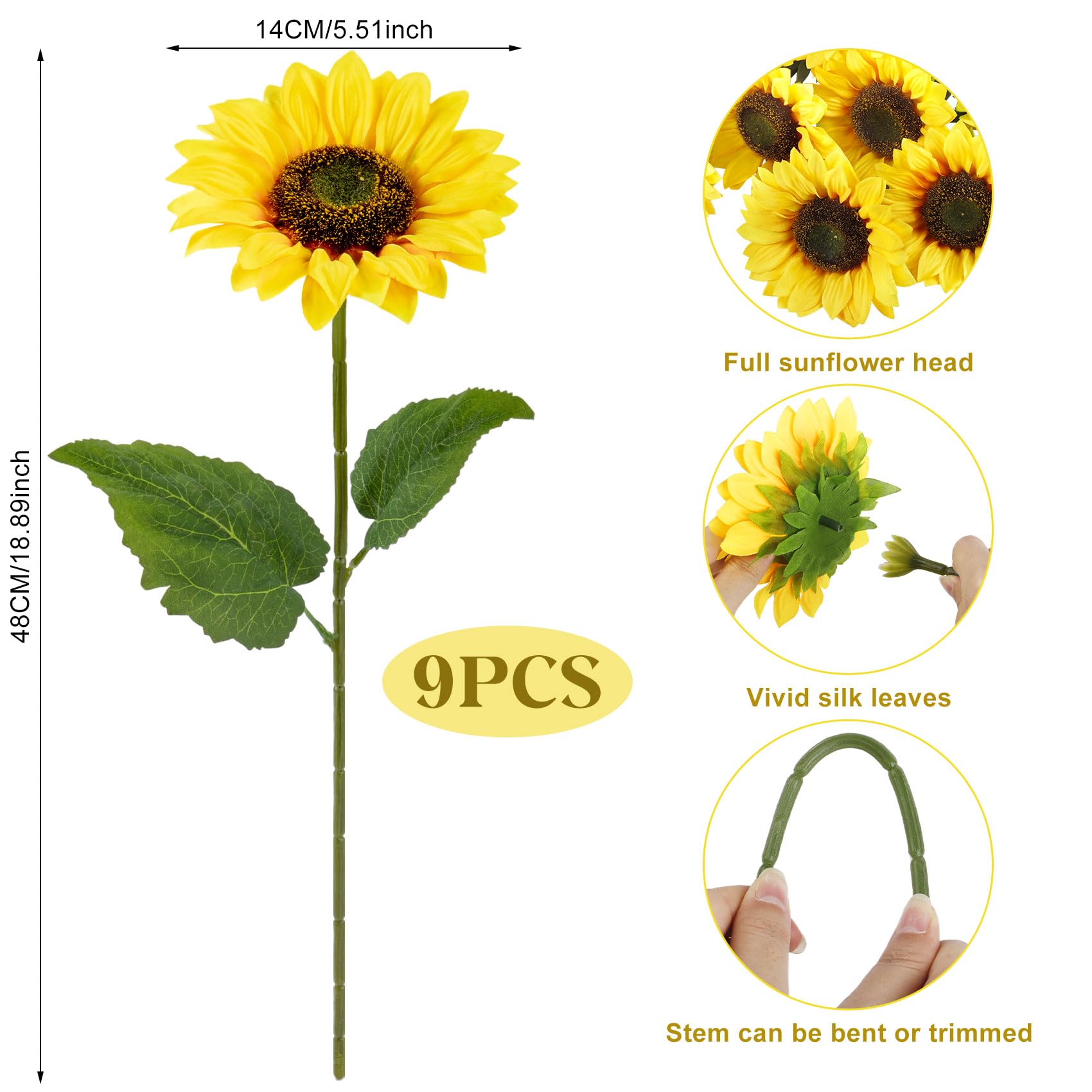 9 Pezzi Girasoli Artificiali, 48 cm Girasoli Finti a Stelo Lungo, Bouquet di Fiori Finti per Decorazioni, Naturali e Veri, Girasole di Seta Fiore Artificiale per Feste, Matrimonio, Ufficio, Casa.