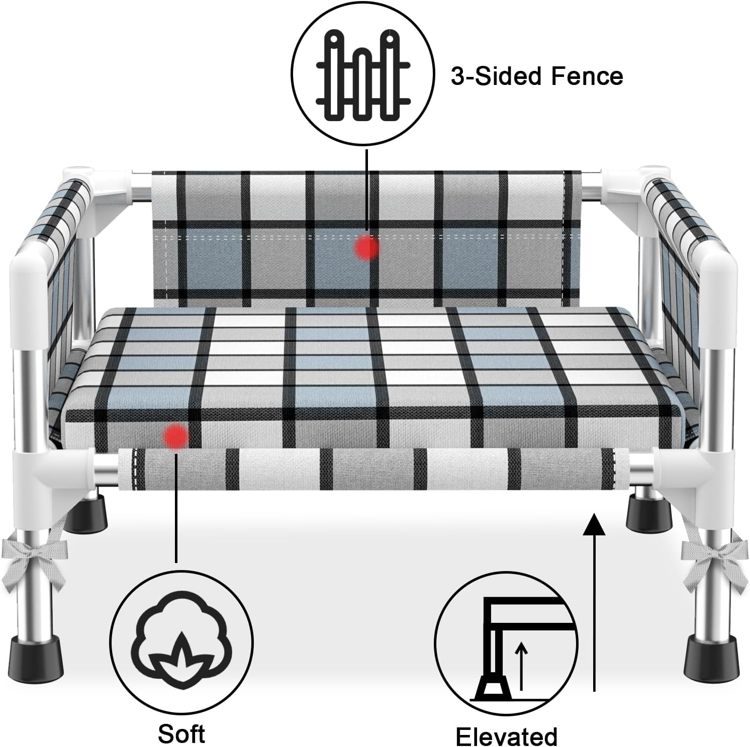 Elevated Raised Outdoor Dog Bed - Cooling Washable Dog Cot with Guardrail, Durable & Breathable Cotton Mesh Pet Hammock Beds with Stainless Steel Pipe Frame for Small Pets (Cushion-S)