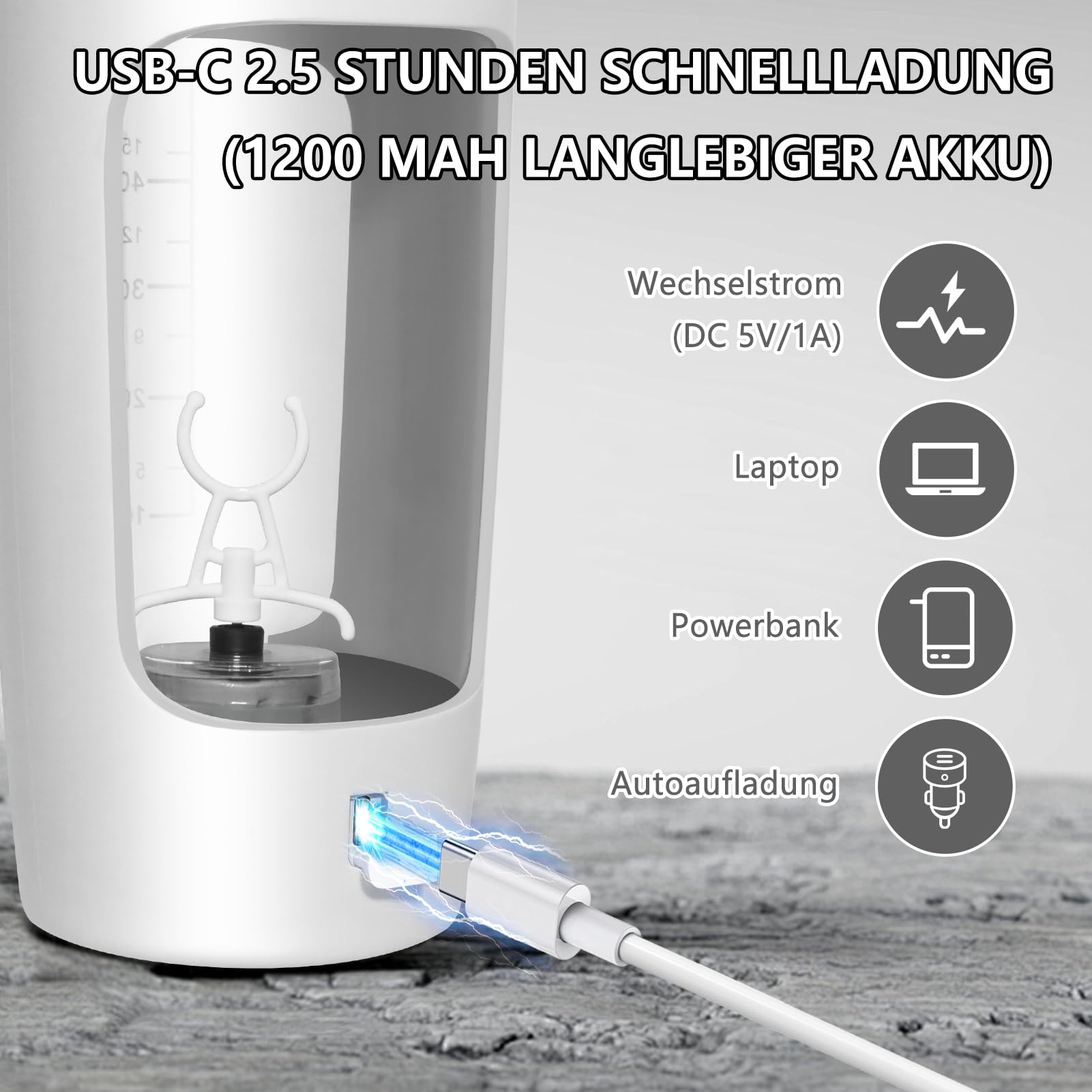 SOARFLY Shaker Proteine Elettrico, 650ml Bottiglia per Shaker per Proteine Ricaricabile USB C, Senza BPA, Shaker Elettrico per Frullati Proteici e Frullati Sostitutivi dei Pasti, Bianco