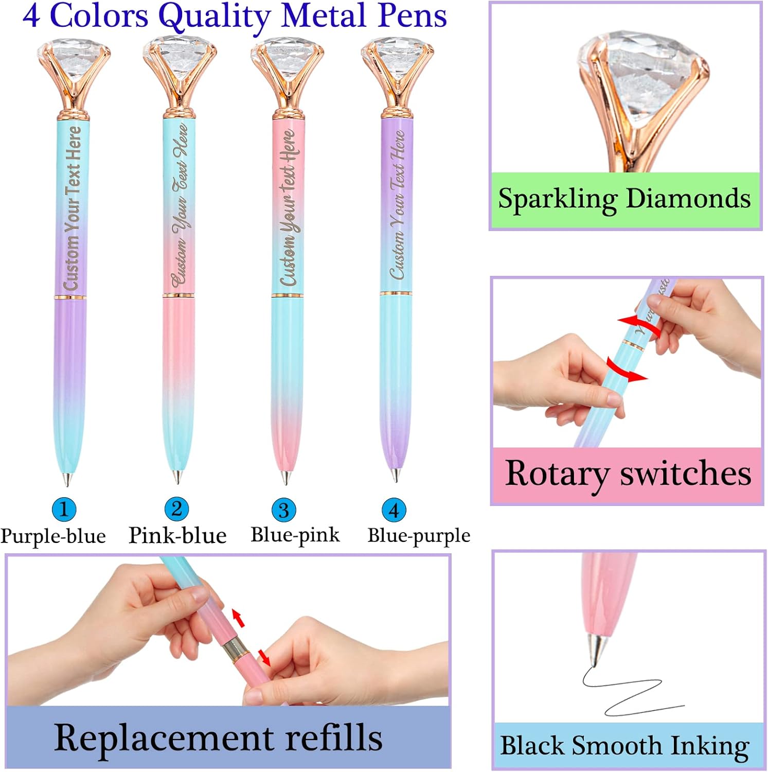 Qingxily Up to 300 Pcs Diamond Pens Personalized Custom Pens with Name Text Engraved Customized Crystal Metal Ballpoint Pen Bulk for Office Business School Graduation Wedding Birthday Gift-36 Pcs