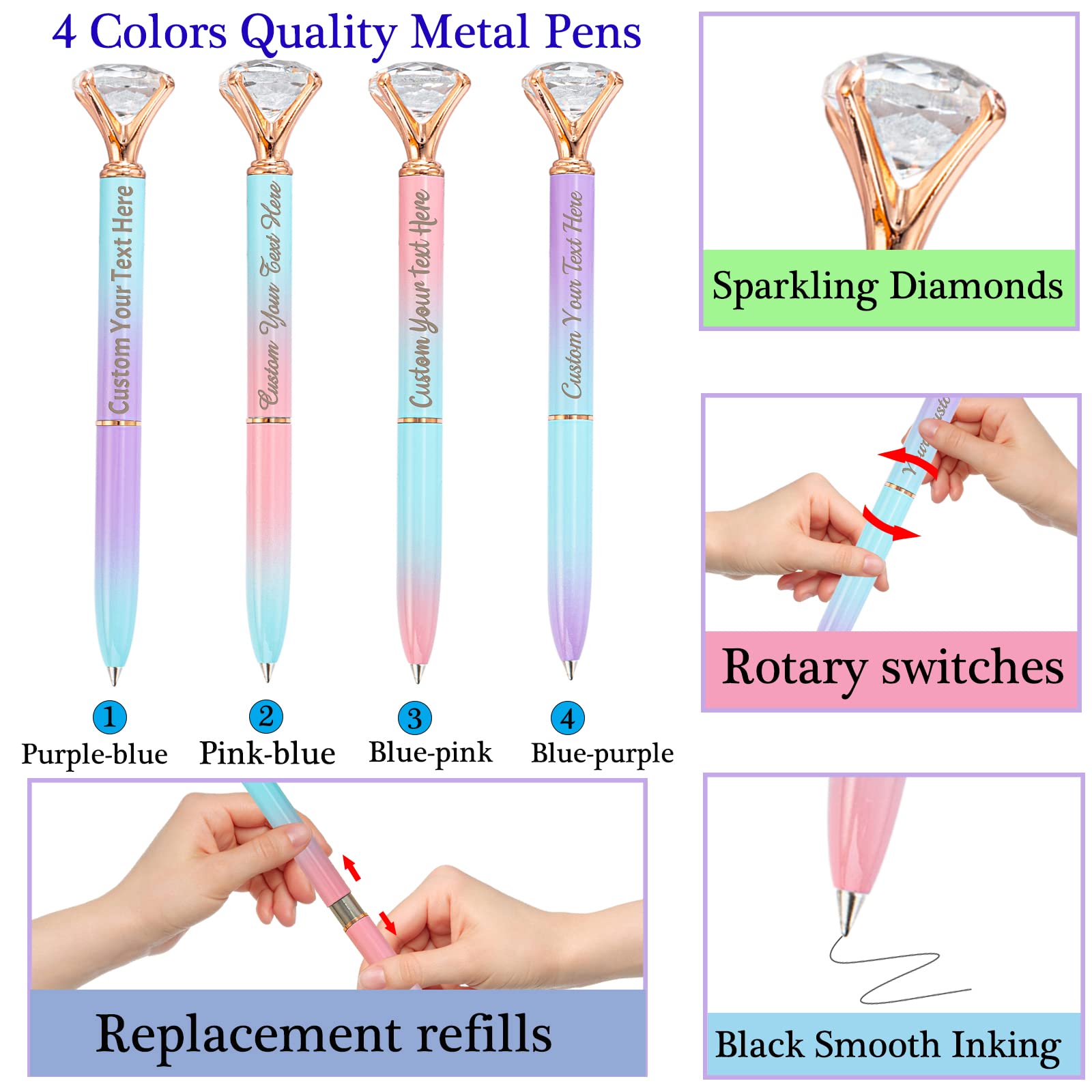 Qingxily Up to 300 Pcs Diamond Pens Personalized Custom Pens with Name Text Engraved Customized Crystal Metal Ballpoint — view 3