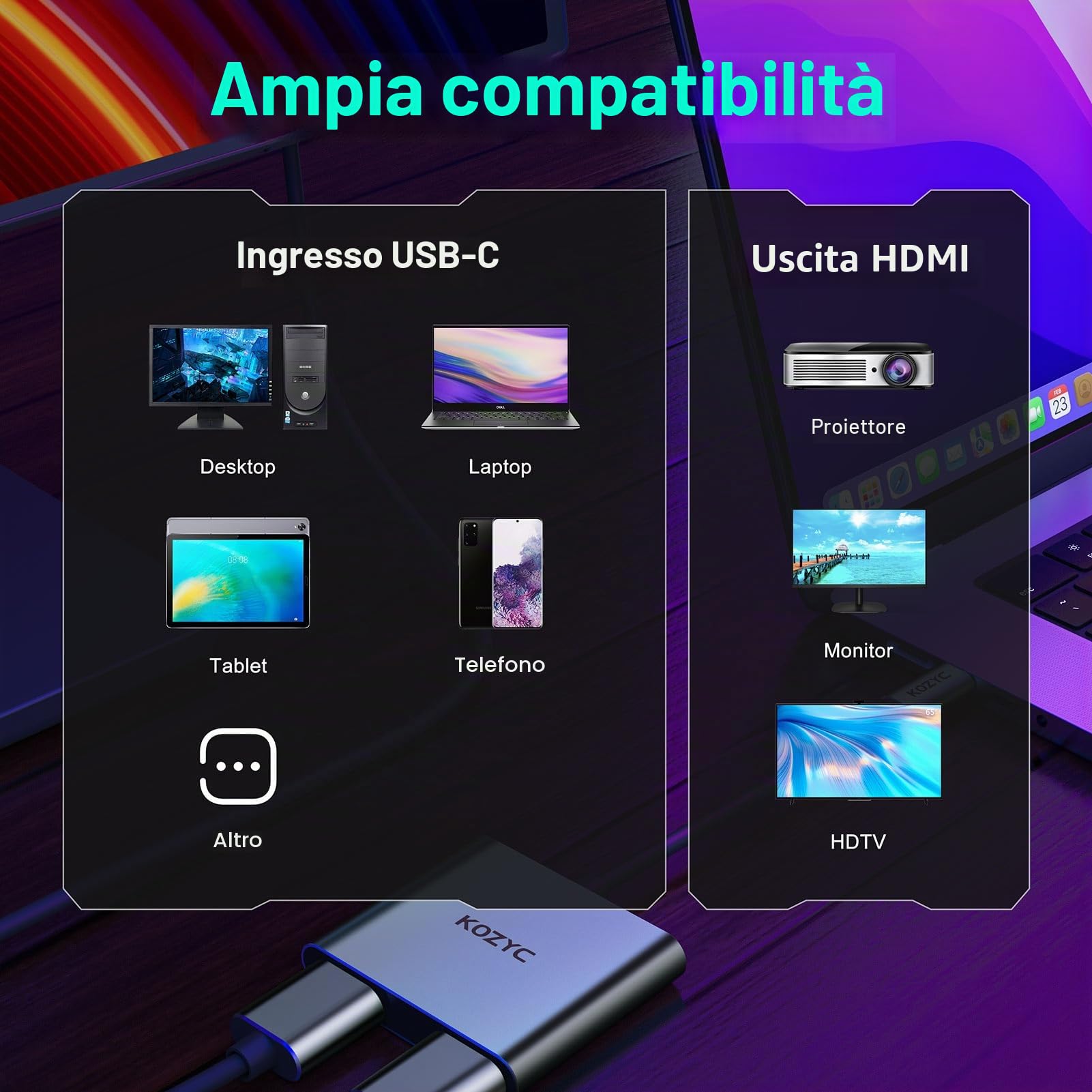 KOZYC Adattatore da USB C a doppio HDMI, 4K a 60 Hz, splitter da tipo C a HDMI, display esteso per MacBook/MacBook Pro Air Dell XPS13/15, Samsung Galaxy S9/S9+ (MST supporta solo Windows OS)
