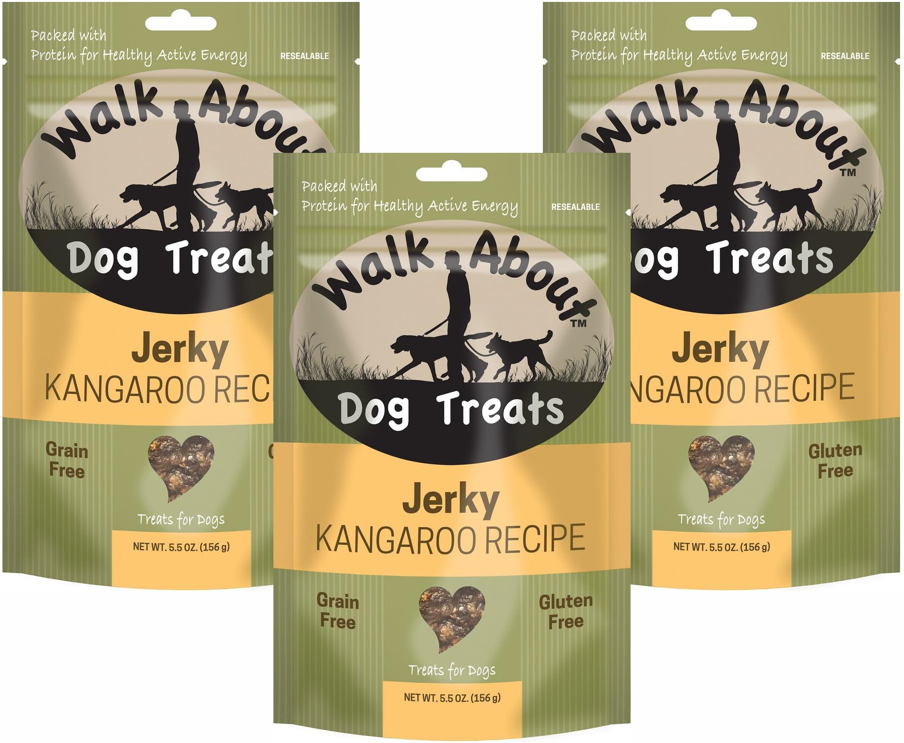 Walk About 3 Pack of Kangaroo Jerky Dog Treats, 5.5 Ounces each, Single Meat Protein