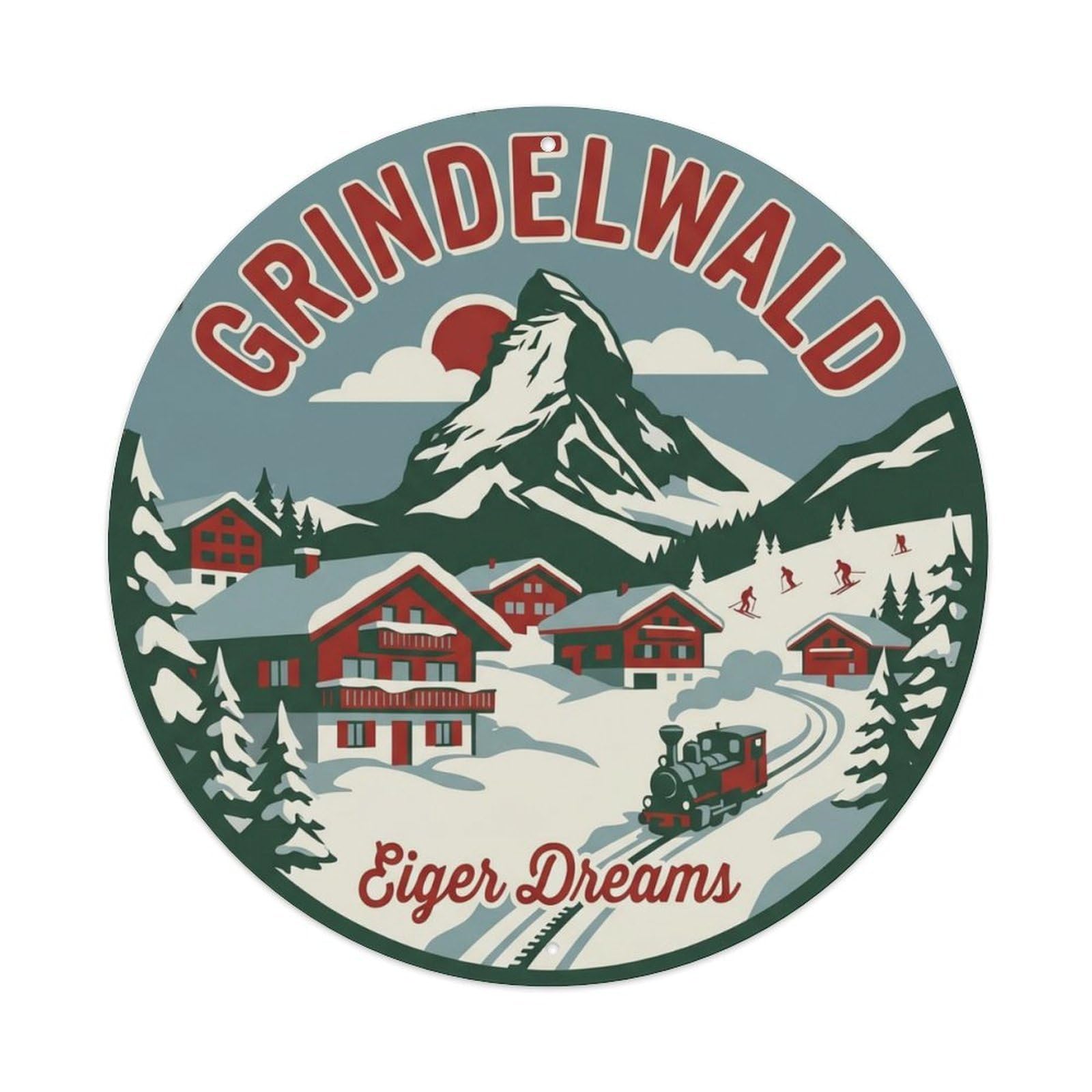 Vintage Travel Grindelwald Switzerland Mountains Metal Tin Sign Plaque Wall Decor for Cafe, Club Bar, Office, Home Garden Round Metal Poster 8x8Inch