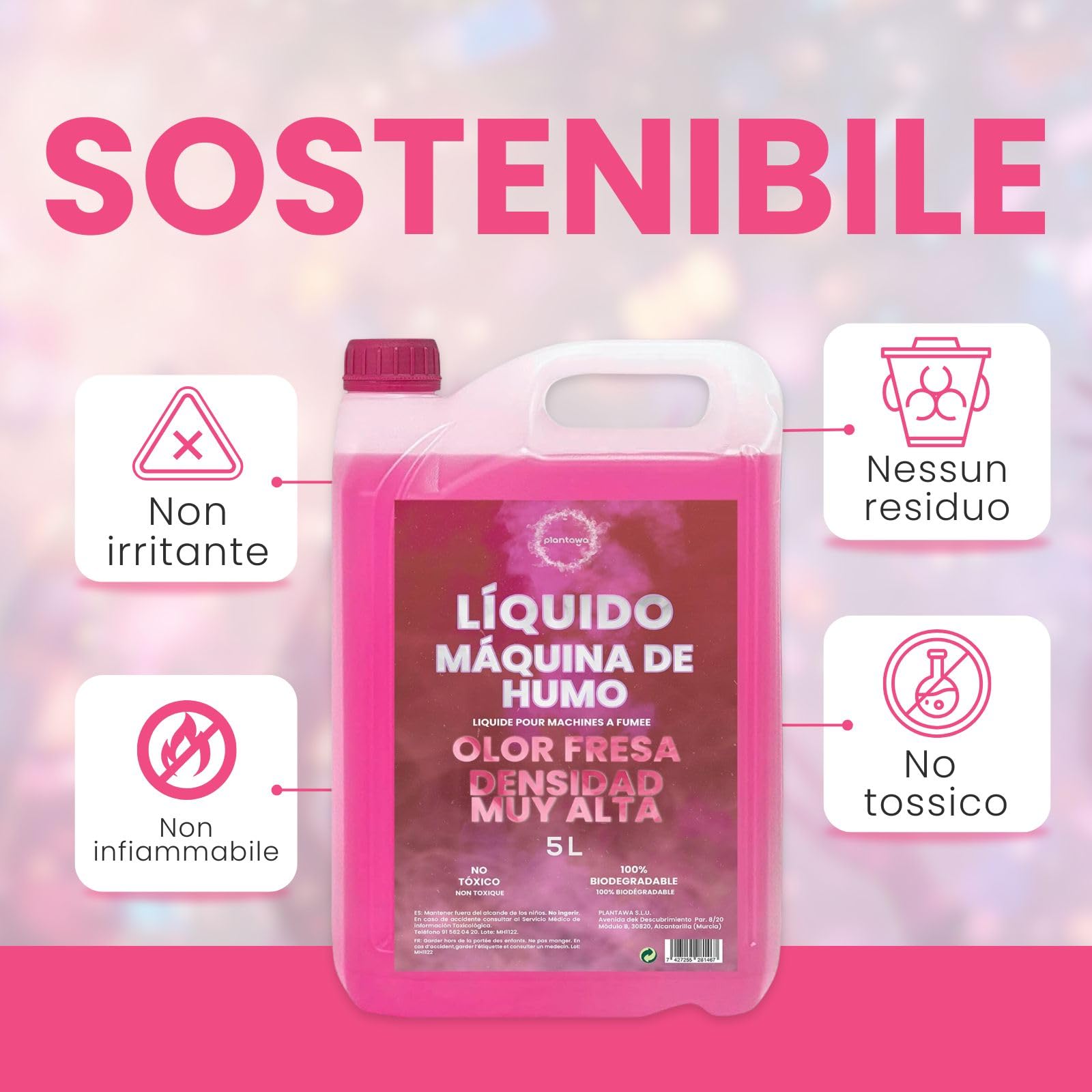 Plantawa Liquido Fumo Machine 5 Litri: Densità Molto Alta Odore Fragola, Macchina Fumo, Cannone Fumo, Fog Machine, Halloween olografico, Halloween Fumo, Fuoco d'artificio e Razzi