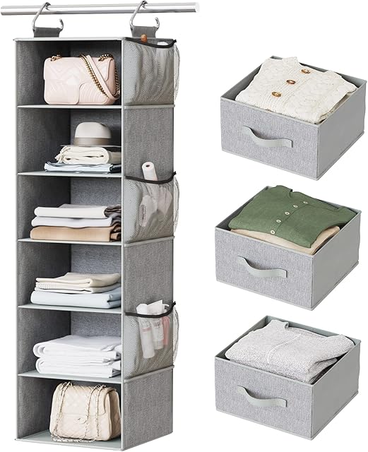 Pipishell Hanging Closet Organizer 6-Shelf, Hanging Shelves for Closet with 3 Removable Drawers & Side Pockets, Hanging Shelf Organizer for Bedroom or Garment Rack, 12'' x 12'' x 43.3'', Dark Gray