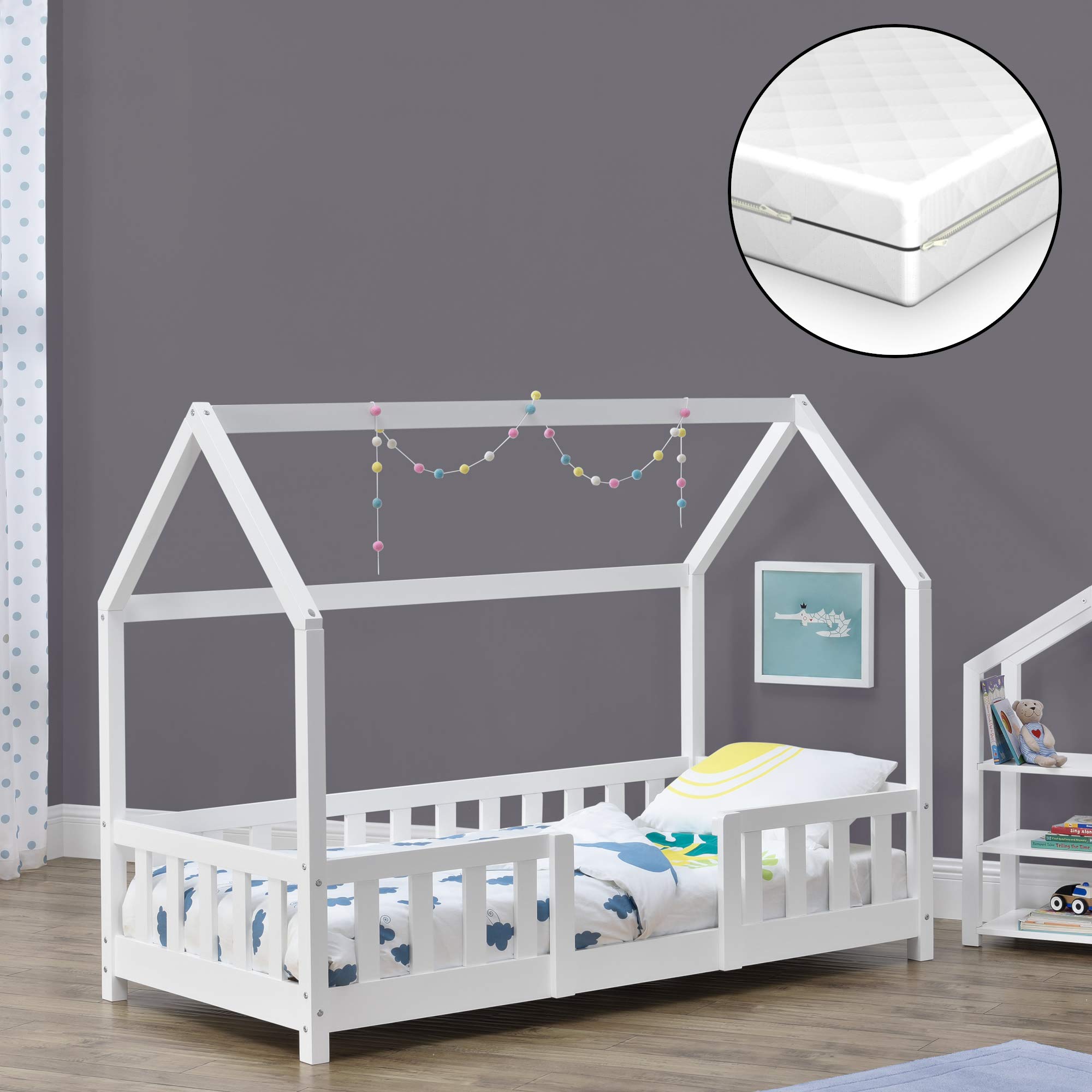Letto per Bambino a Forma di Casetta con Barriera Anticaduta e Materasso 160x80 cm Lettino in Legno di Pino con Sponde/Sbarre di Sicurezza - Bianco