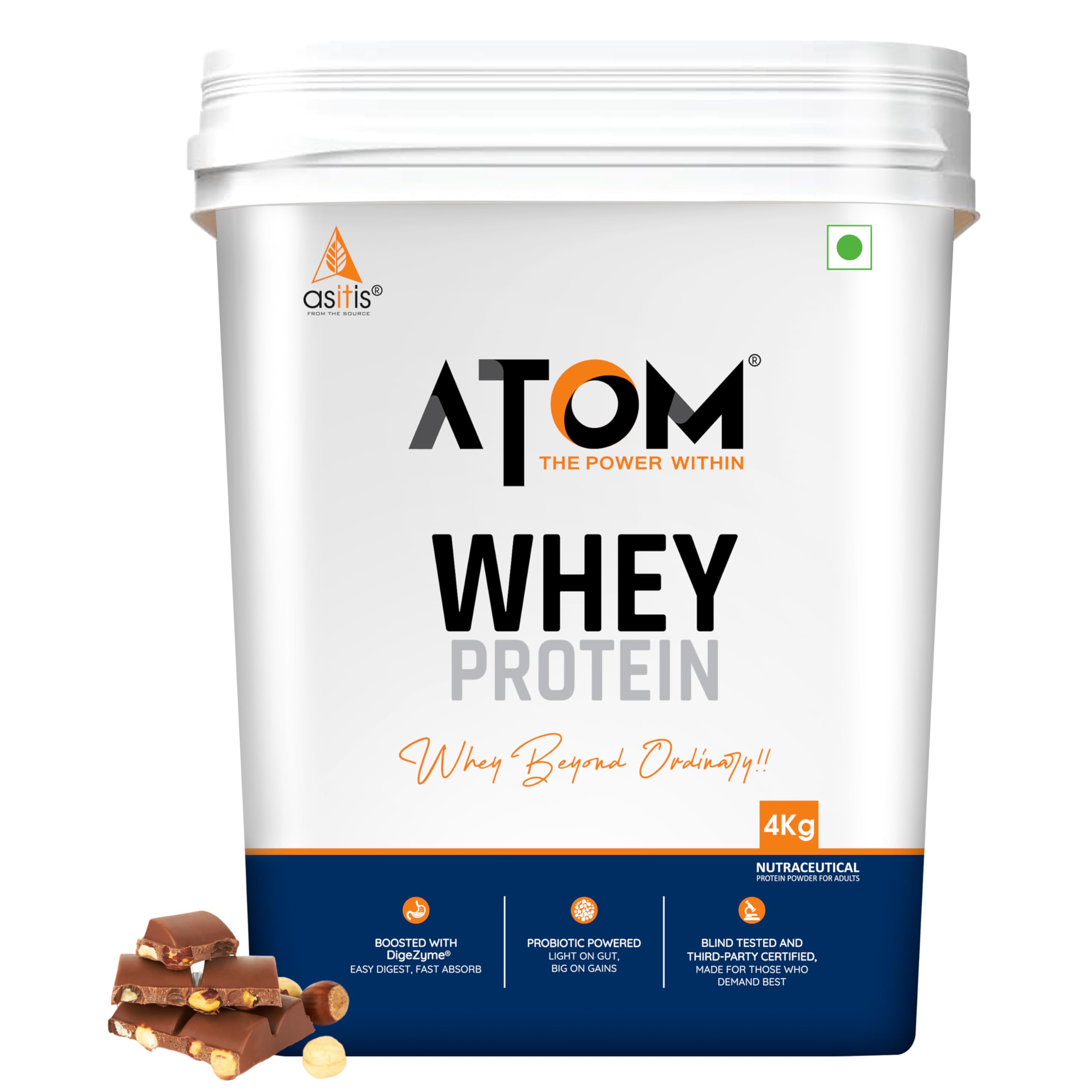 AS-IT-IS ATOM Whey Protein 4kg | 27g protein | Isolate & Concentrate | Choco Hazel Fusion | USA Labdoor Certified | With Digestive Enzymes for better absorption