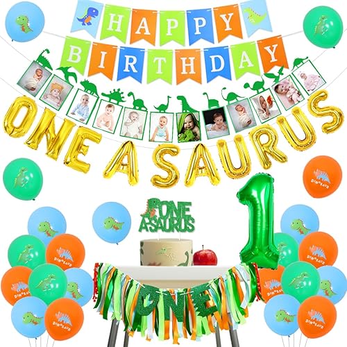 Miniatura 7 de Sursurprise Decoraciones de cumpleaños de One a Saurus, suministros de fiesta de primer cumpleaños de dinosaurio, kit de arco de guirnalda de globos