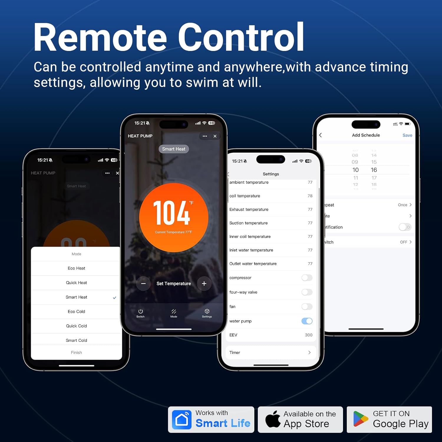 Close-up of the Varpoolfaye pool heat pump's digital control panel showing temperature settings and WiFi indicator.