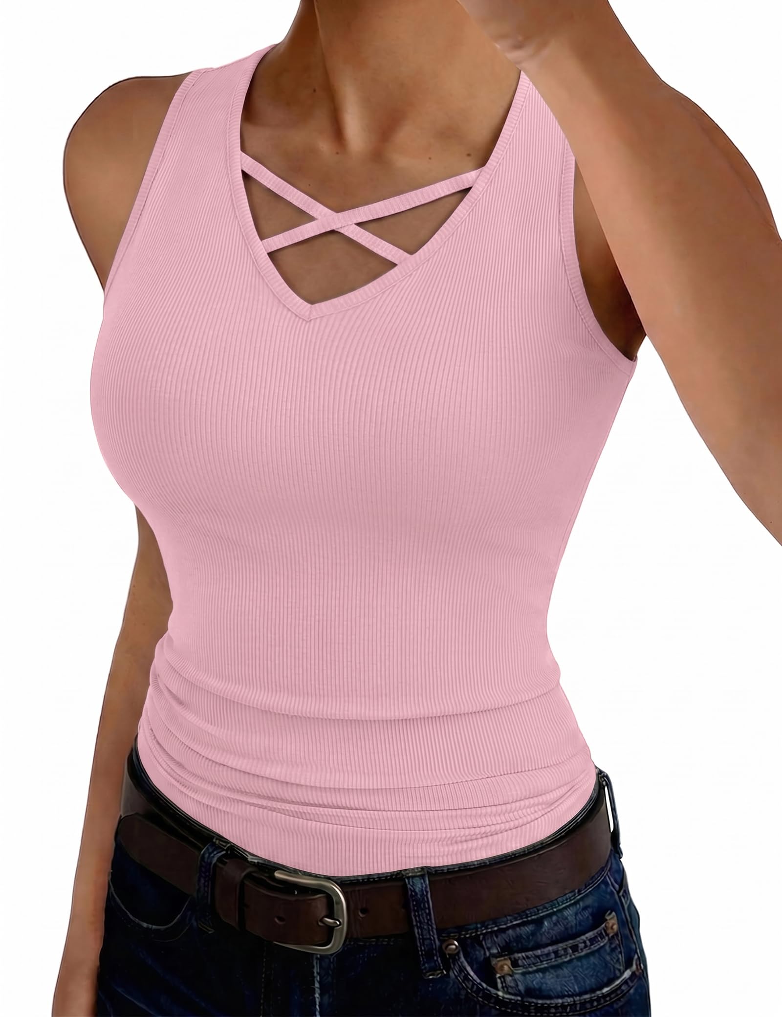 Aottori Tank Top Damen V-Ausschnitt Ärmellos Slim Fit Sommer Gerippt | Gerippte Oberfläche; passt zu Jeans, Röcken oder Shorts; für Alltag, Büro, Urlaub und Freizeit geeignet; Slim-Fit-Passform