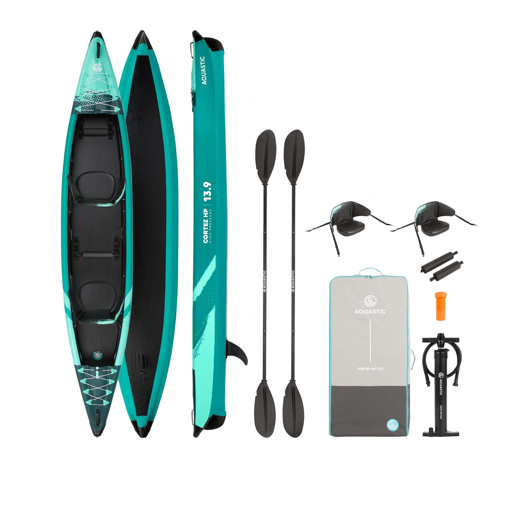 AQUASTIC Cortez 13'9" - Kayak de Loisirs Gonflable pour Deux Personnes, 3 Chambres, quille en V, capacité de Charge jusqu'à 200 kg, équipement : 2 sièges, 2 pagaies, Pompe, Palmes, Sac à Dos