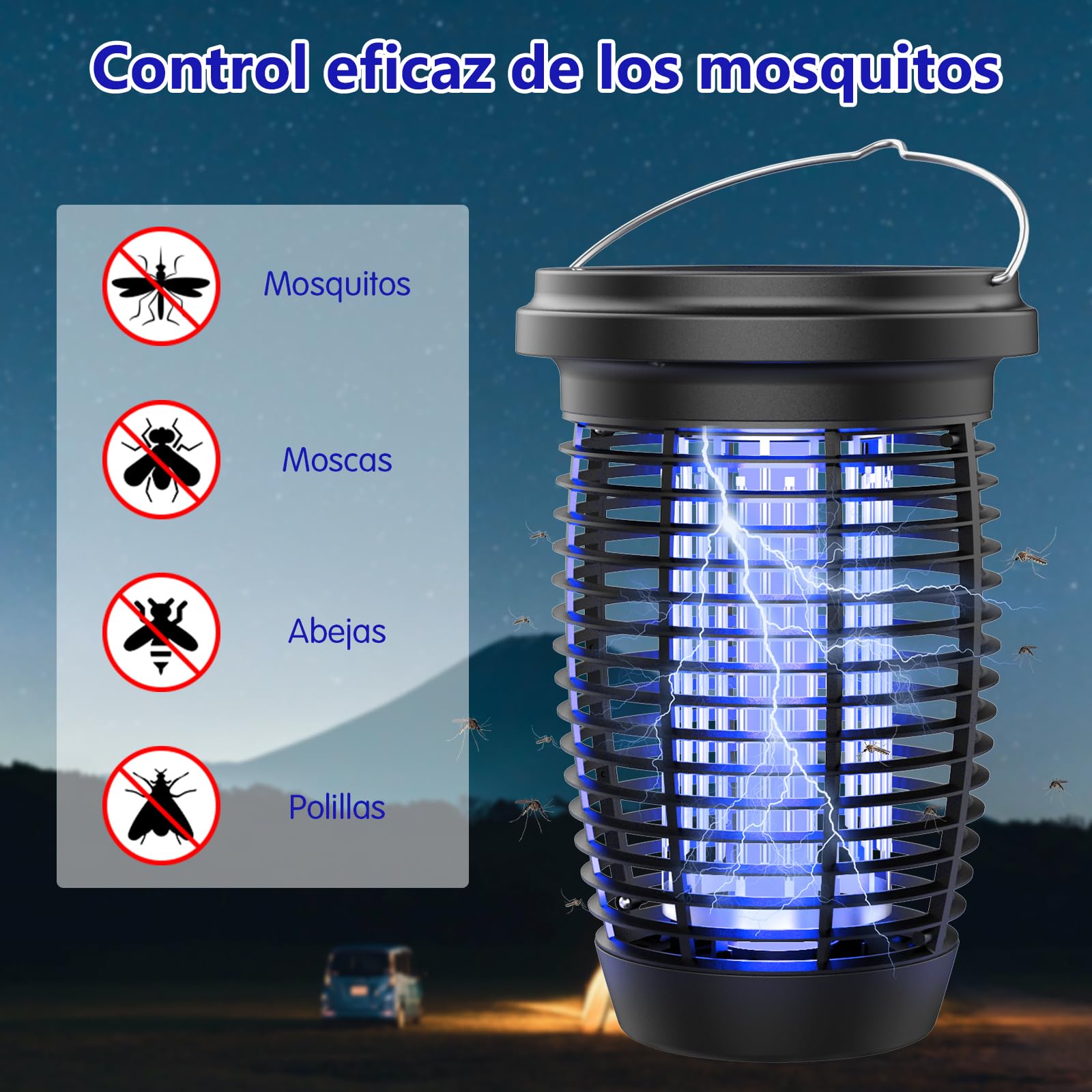 PALONE Lampara Antimosquitos Solar Type-C 4500v con Cable De 3,5 M, Antimosquitos Electrico Panel Solar de 5,5 W, Adecuado para Acampar y para Interiores y Exteriores