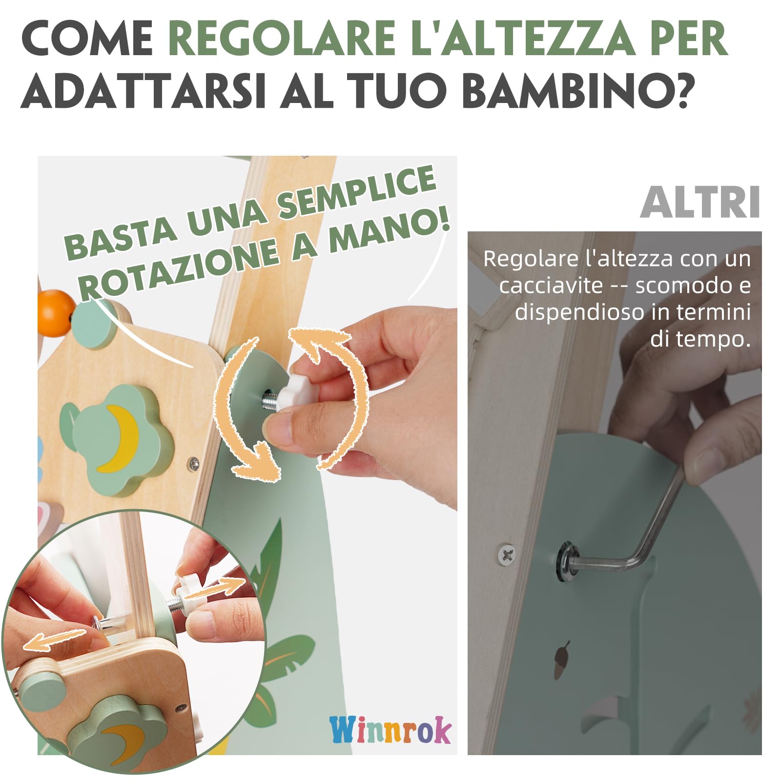 Carrello Primi Passi in Legno, Girello Montessori con Centro Attività, Girello Neonato Altezza e Velocità Regolabili, Perfetto come Regalo di Compleanno o Natale, Girello per Bambini 6-18 Mesi