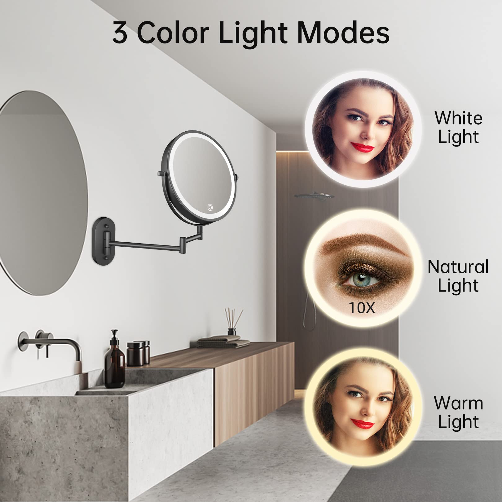 Miroir Grossissant 10x Avec Lumière - 15cm, 3 Lumières Réglables - Miroir Maquillage LED