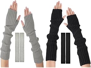 2 Pieces Winter Knitted Gloves for Women, Knitted Cuffs for Women, Long Mittens, Fingerless Gloves Arm Warmer, Suitable for Men and Women in Winter (Black, Grey), Light Grey and Black, No