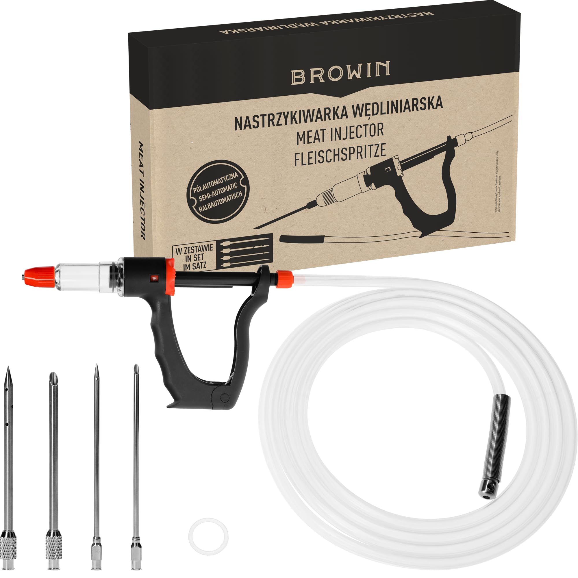 BROWIN Siringa per Carne Semiautomatica con Set di Aghi e Tubo Flessibile per Marinare Arrosto