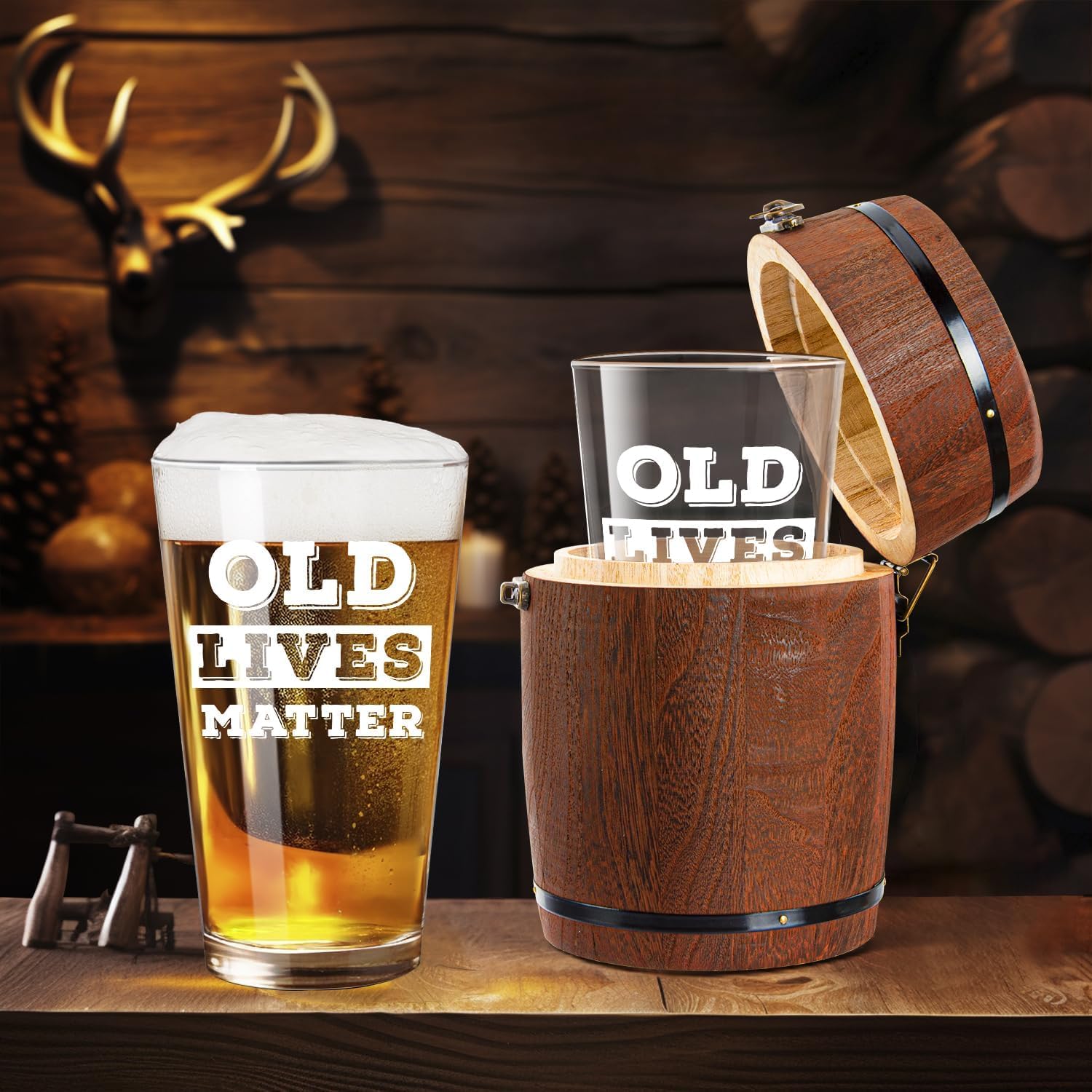 LIGHTEN LIFE Old Lives Matter Beer Glass 16 oz,Unique Old Man Gifts Pint Glass in Valued Barrel Box,Birthday or Retirement Beer Glass Gfit for Dad,Grandpa,Senior Citizen,Old Men