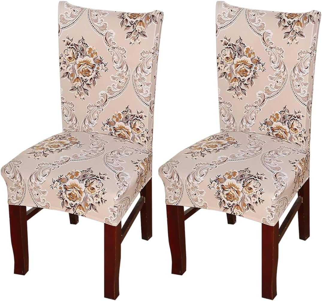 Styleys Elastic Chair Cover Stretch Removable Washable Short Dining Chair Cover Protector Seat Slipcover (Set of 2, Beige Iris, SD3044)