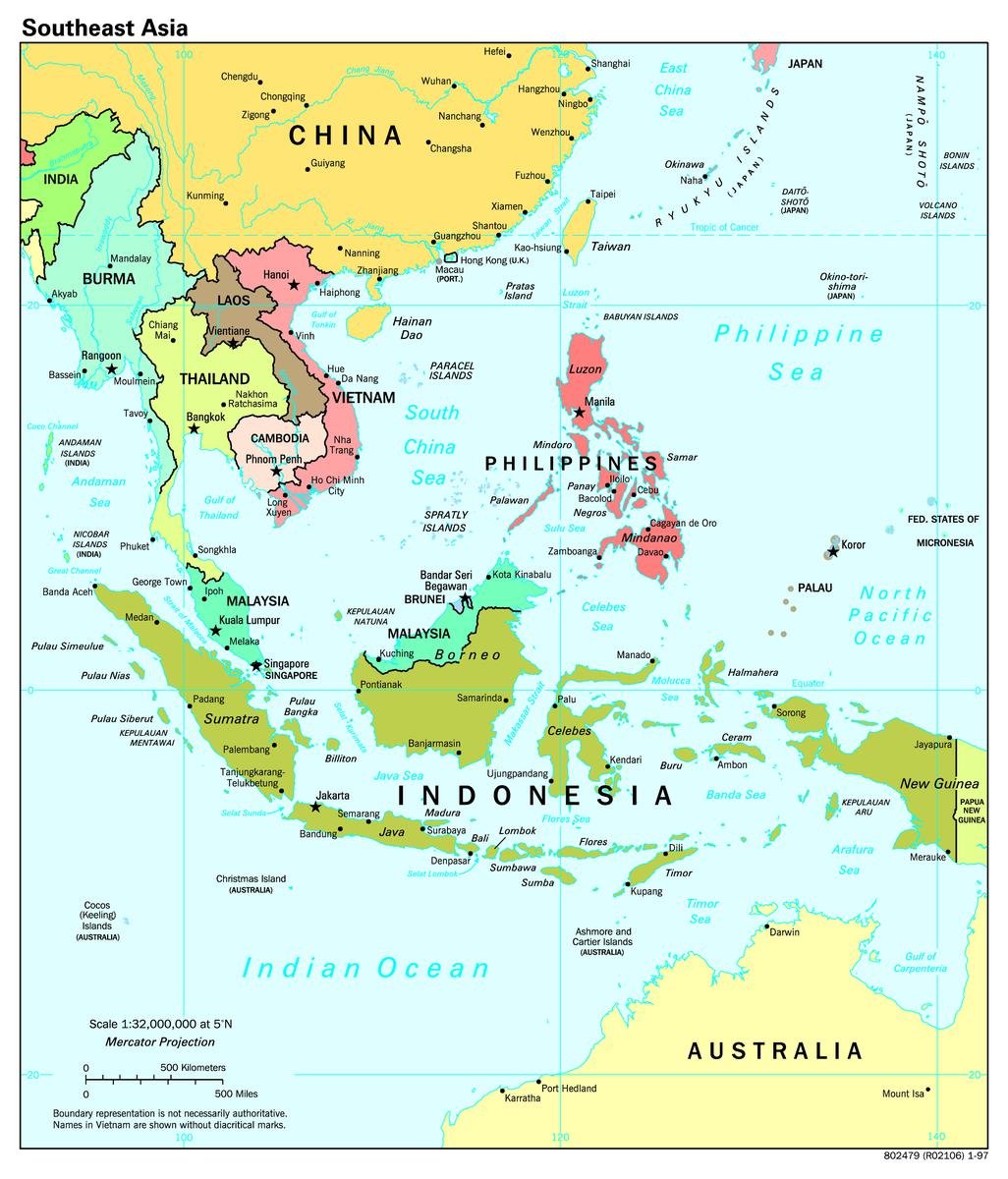 Gifts Delight Laminated 24x28 Poster: Large Scale Political Map of Southeast Asia with Capitals - 1997