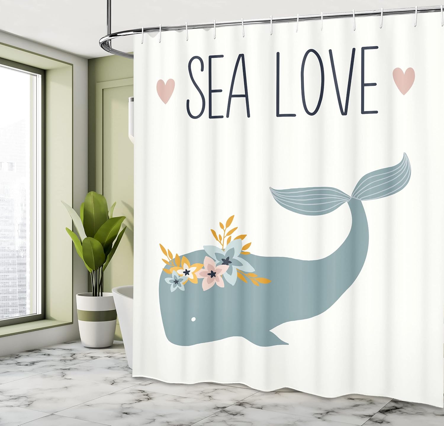 Ambesonne Summer Shower Curtain, Sea Love Text with Hearts Whale Wearing Flower Wreath Underwater Animals, Cloth Fabric Bathroom Decor Set with Hooks, 69" W x 75" L, Blue White