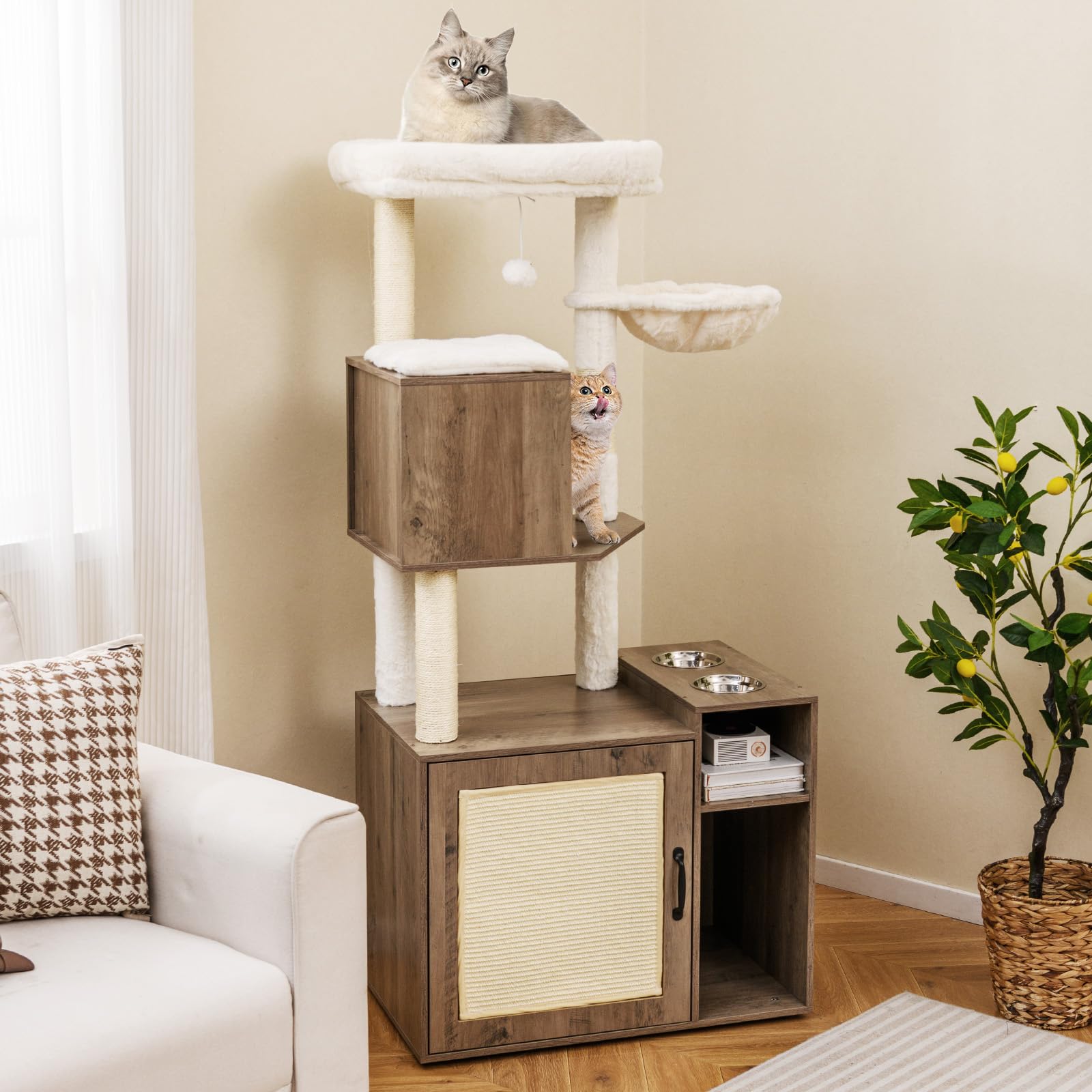 GOPLUS Mueble para Arena de Gatos, Árbol Rascador para Gatitos con Caseta, Hamaca, Casita Escondida, Palo de Sisal, 2 Comederos, Rascadores y Pelotas, Armario Moderno para Gatos de Interior (Gris)