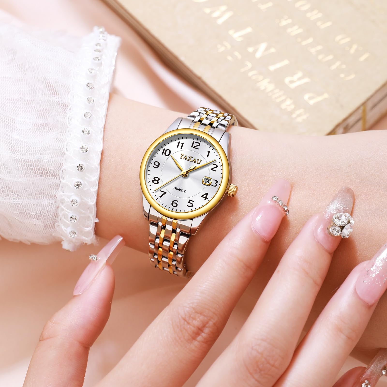 Taxau Damen Uhr Wasserdicht Quarzuhr Gold Silber Edelstahlband Armbanduhr