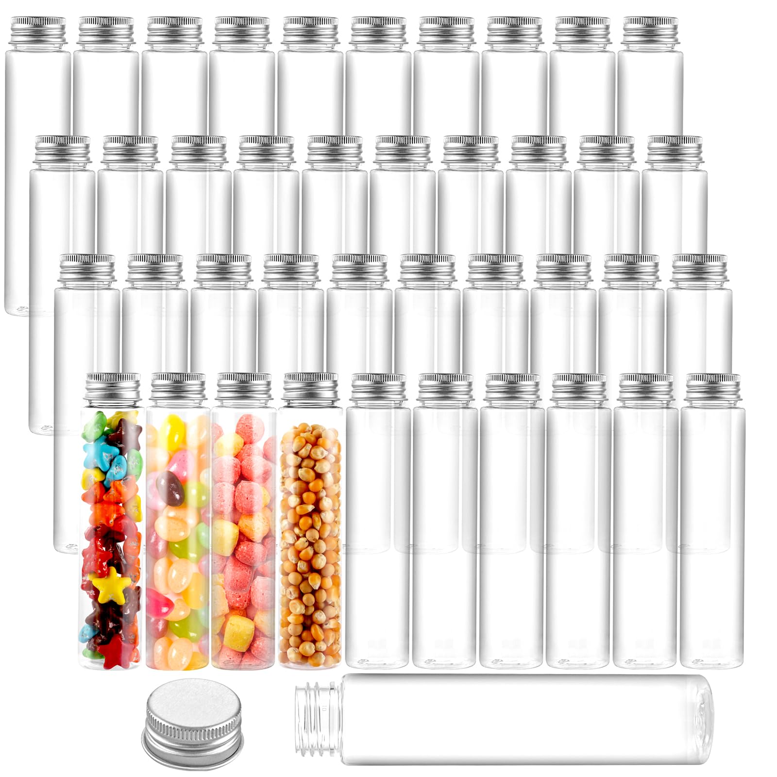 40 Tubes à Essai Plastique 110ml Transparents avec Bouchon Alu, Tubes Plats pour Bonbons, Liquides, Plantes, Décoration - Sécurité Alimentaire, Étanche